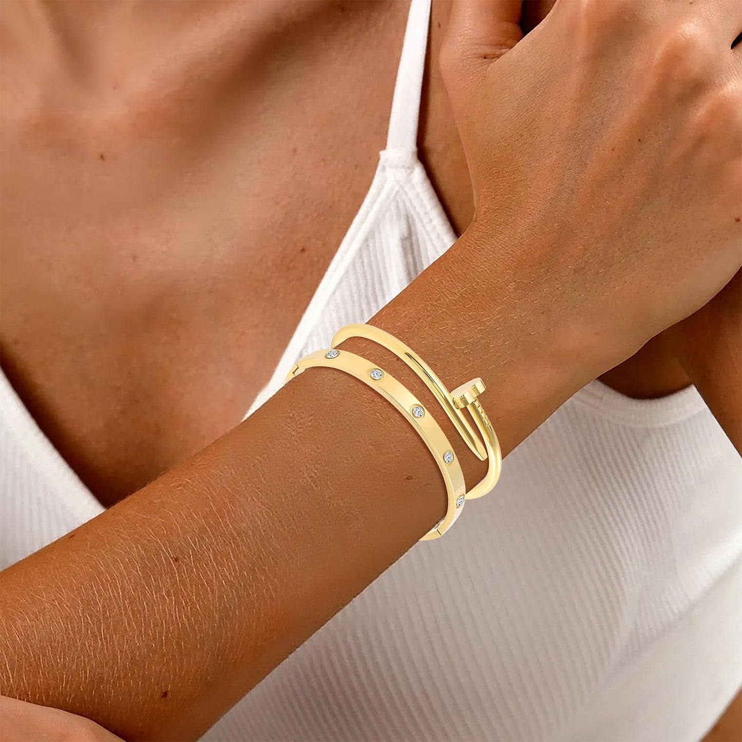 Acnode Gold Bangle Bracelets for Women -2PCS Friendship & Love Bangle Bracelet Clover Nail Bracelet Stack Set Trendy Non-Tarnish Stainless Steel Jewelry Gifts for Mom Wife Her