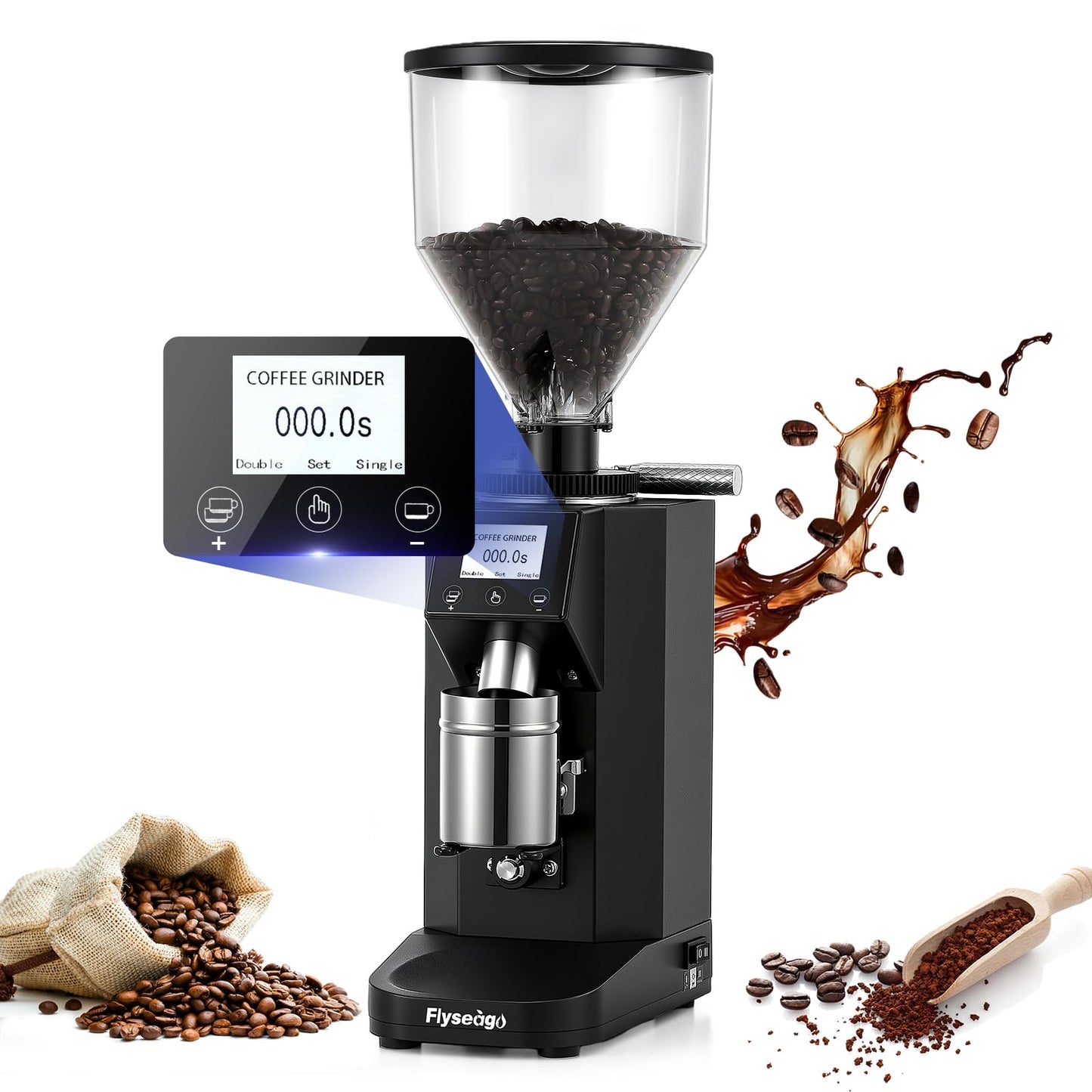 Flyseago Electric Coffee Grinder Commercial, Stainless Steel Flat Burr, Touch Screen with 19 Adjustable Settings, 28oz Large Hopper for Espresso, Black
