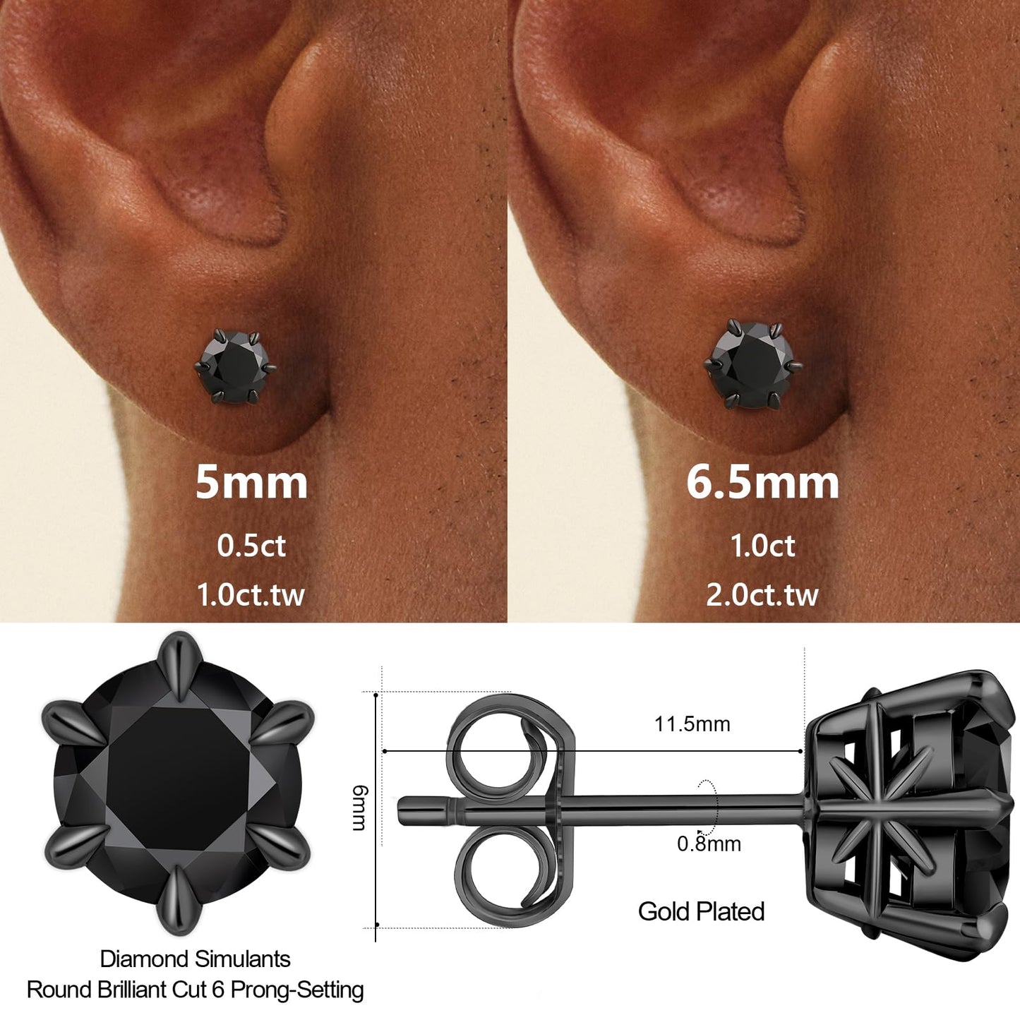 KRKC Moissanite Earrings for Men Women, Black Diamond Earrings for Men, D Color VVS1, 925 Sterling Silver Solitaire Stud Earrings, Black Tone Plated Earrings for Men, Valentine's Day Gifts, 1.2CT