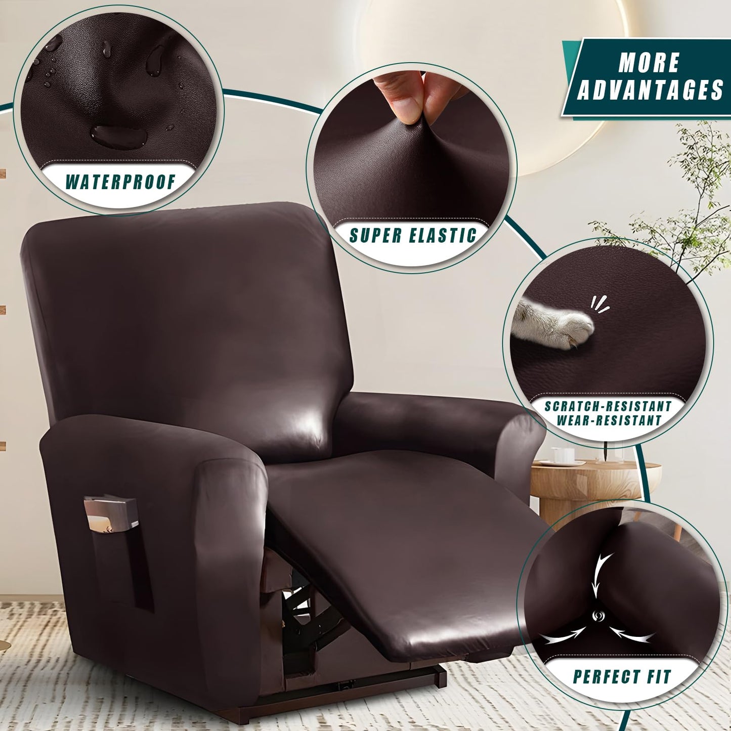 JOKIVTOU 1/2/3 Seats PU Leather Stretch Recliner Cover Sofa Cover with Side Pockets Waterproof Slipcover Recliner Couch Cover Furniture Protector with Elastic Bottom Living Room