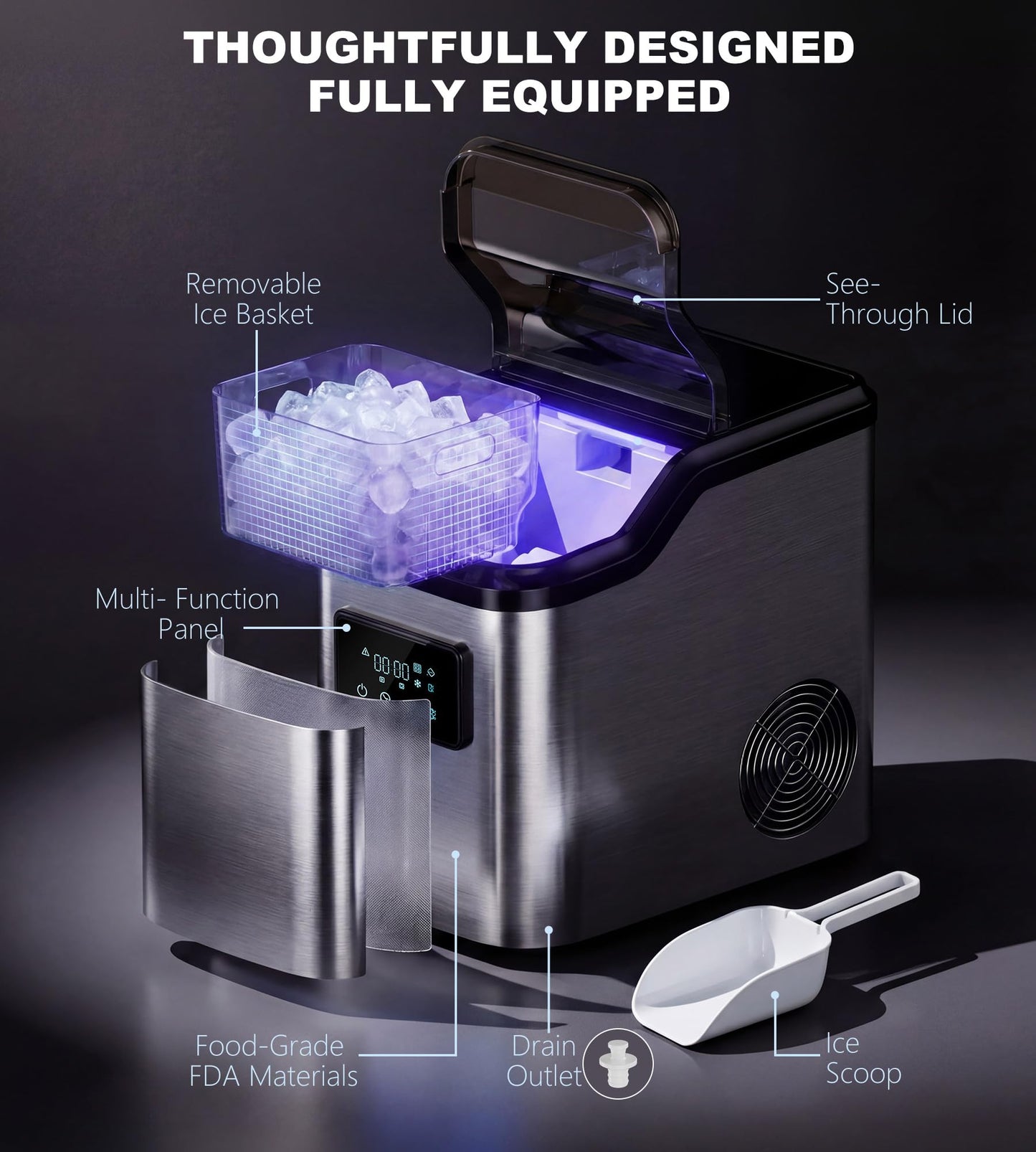 Landeagle Nugget Ice Makers Countertop,Portable Pebble Ice Machine with Crushed Ice,45lbs/Day Soft Pellet Ice Maker Stainless with 24H Timer, Self-Cleaning Chewable Sonic Ice for Home,Kitchen,Office