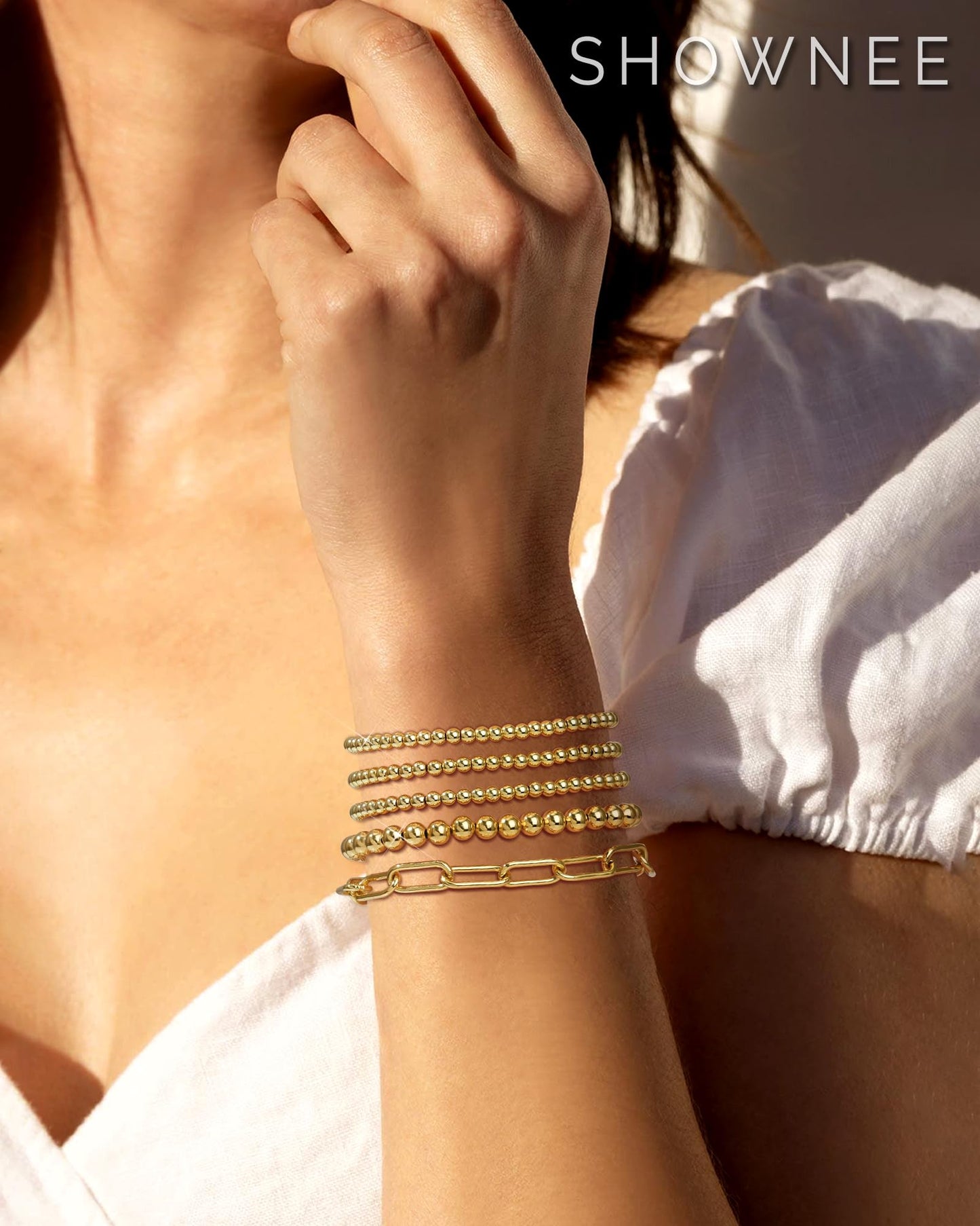 shownee Gold Beaded Bracelet for Women 14K Gold Plated Bracelets Gold Stretch Bead Ball Bracelet Hypoallergenic Stackable Bracelet Set 6.8 inch Graduation Gift for Her Mothers Day Gifts for Mom