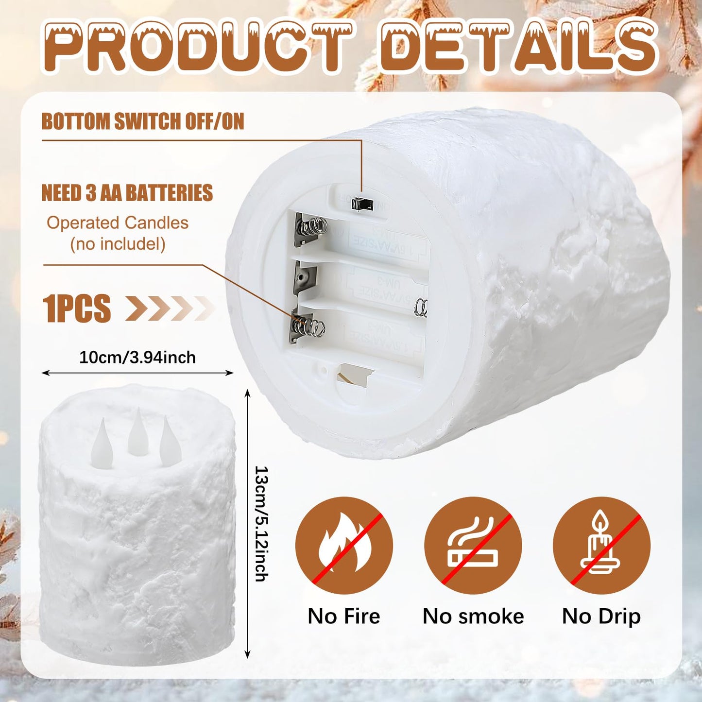 Baquler Large Flameless LED Battery Operated Pillar Candle - 3 Wick 5"x4"" Snowy Frosted White Flameless Christmas Fake Candle for Xmas Table Centerpiece Holiday Rustic Indoor Home Decor"