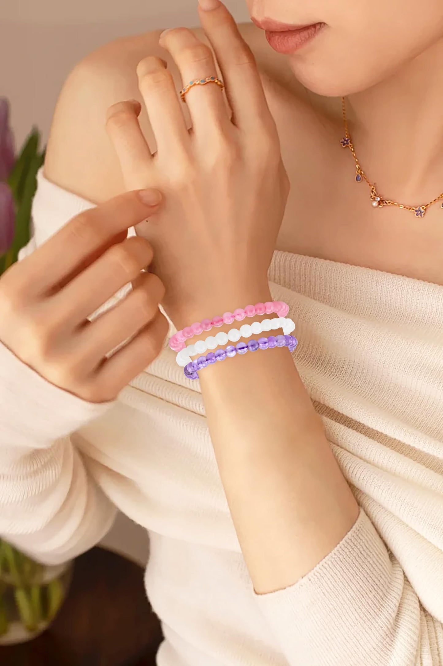 CMBYN 3-Pieces 6mm Natural Crystal Gemstone – ﻿Amethyst, Pink Quartz, White Jade Handmade Reiki Energy Healing Stretch Bracelets Jewelry for Yoga, Meditation, Unisex