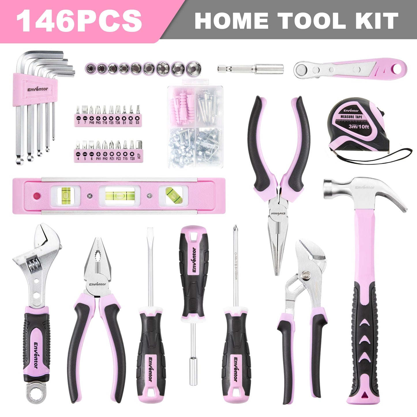 Enventor Pink Tool Kit Set for Women, 146PCS General Household Hand Tool Kit with Storage Toolbox, Ladies Small Basic Tool Kits for Home Maintenance, DIY Projects