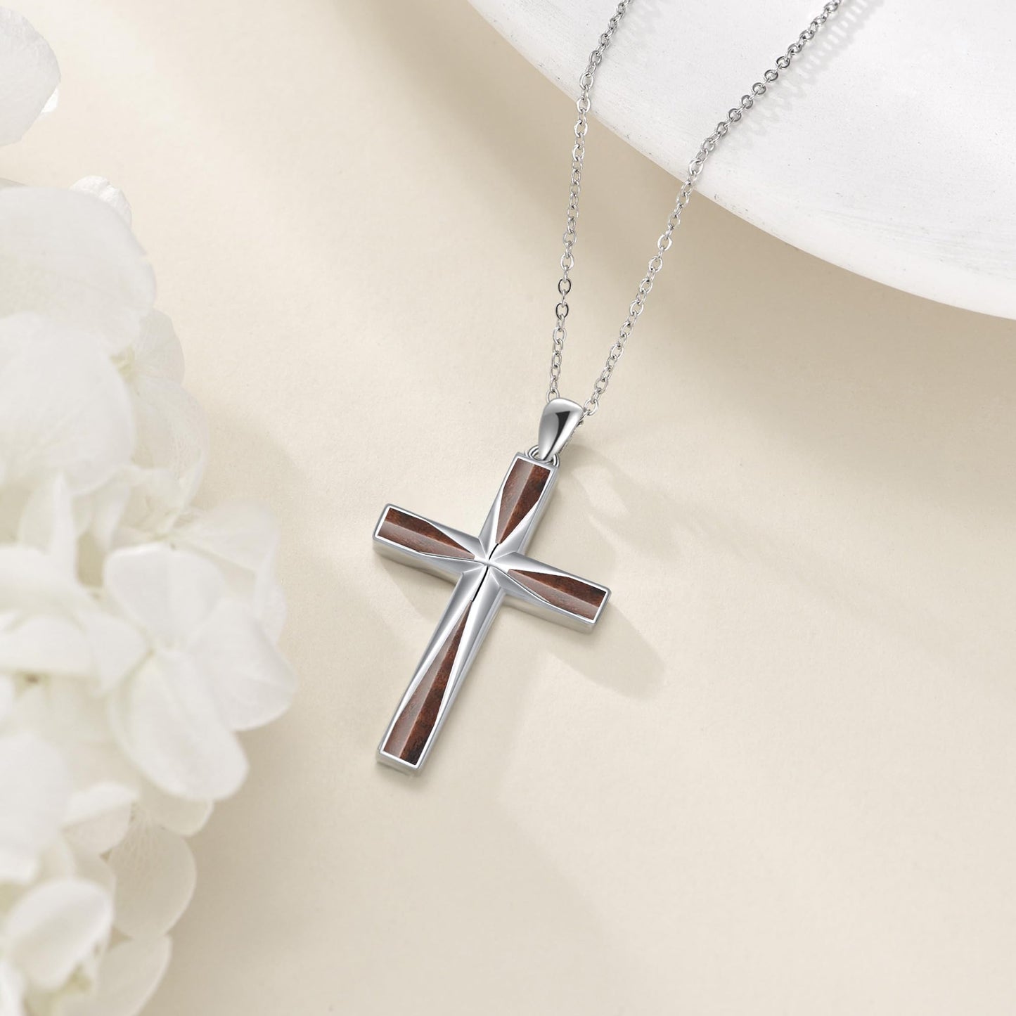 ONEFINITY Religious Wood Cross Necklace Sterling Silver Origami Cross Pendant Gifts for Women Men Jewelry (Wood Cross)