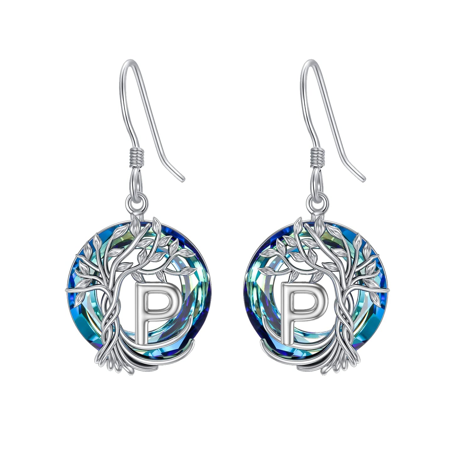 TOUPOP Tree of Life Initial Earrings Sterling Silver Initial P Letter Drop Dangle Earrings Blue Circle Crystal Family Tree Jewelry Birthday Mothers Day Gifts for Women Mom Her