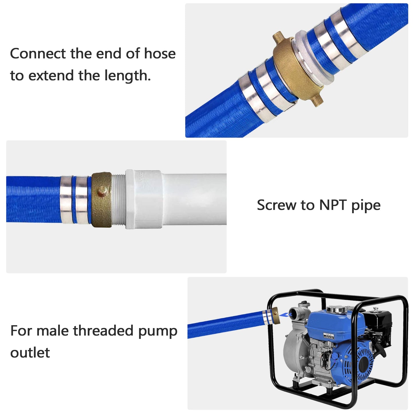 DAVCO 1" ID x 50 ft Pool Backwash Hose, Heavy Duty Reinforced Blue PVC Lay Flat Water Discharge Pump Hoses For Swimming Drain Pools and Clean Filters, With Aluminum Pin Lug Fittings