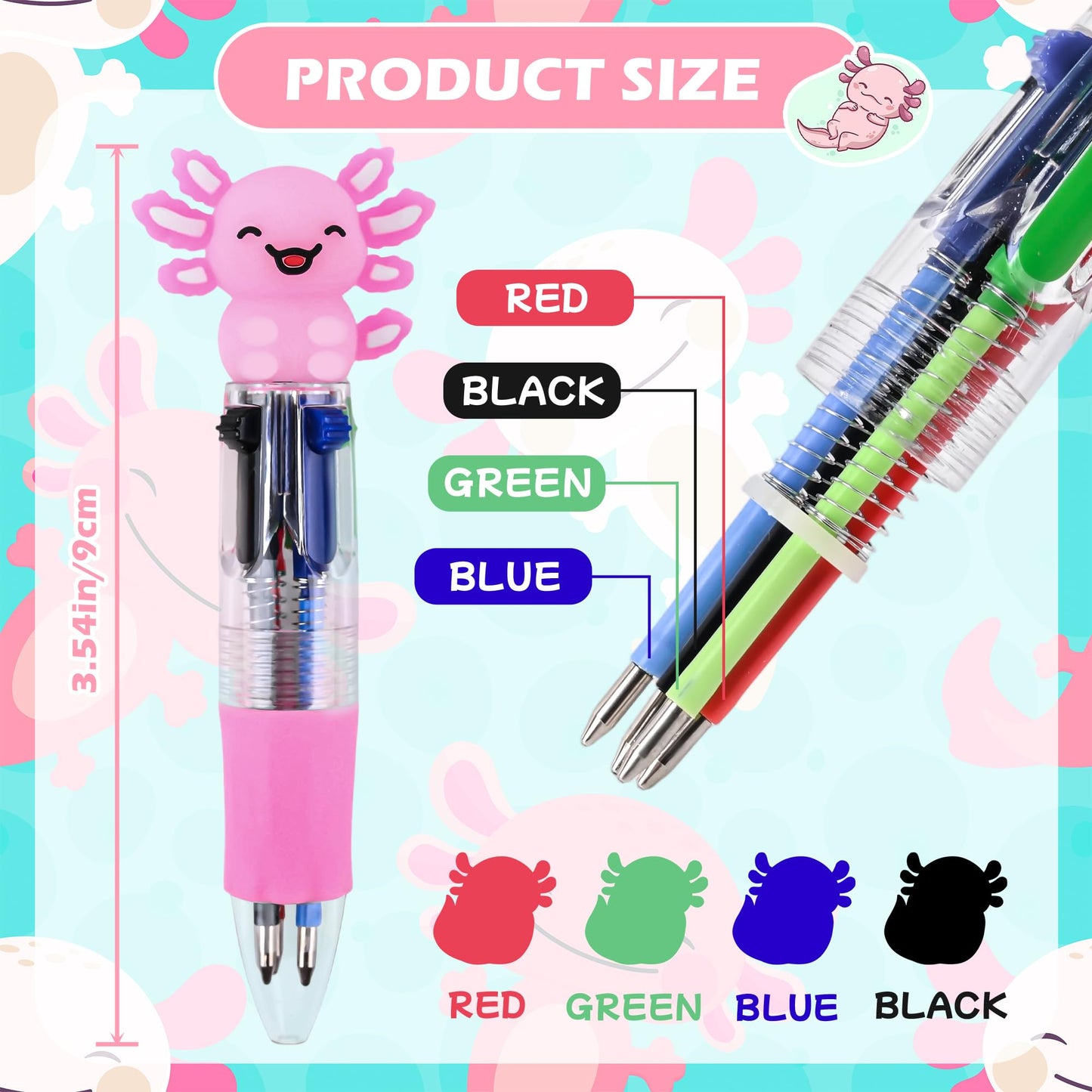 LiYiQ 50 Pcs Axolotl Party Favor Multicolor Pen in One Cartoon Cute Fun 4-in-1 Cute Pens Bulk Kawaii Axolotl Ballpoint Pens for Fun Gifts