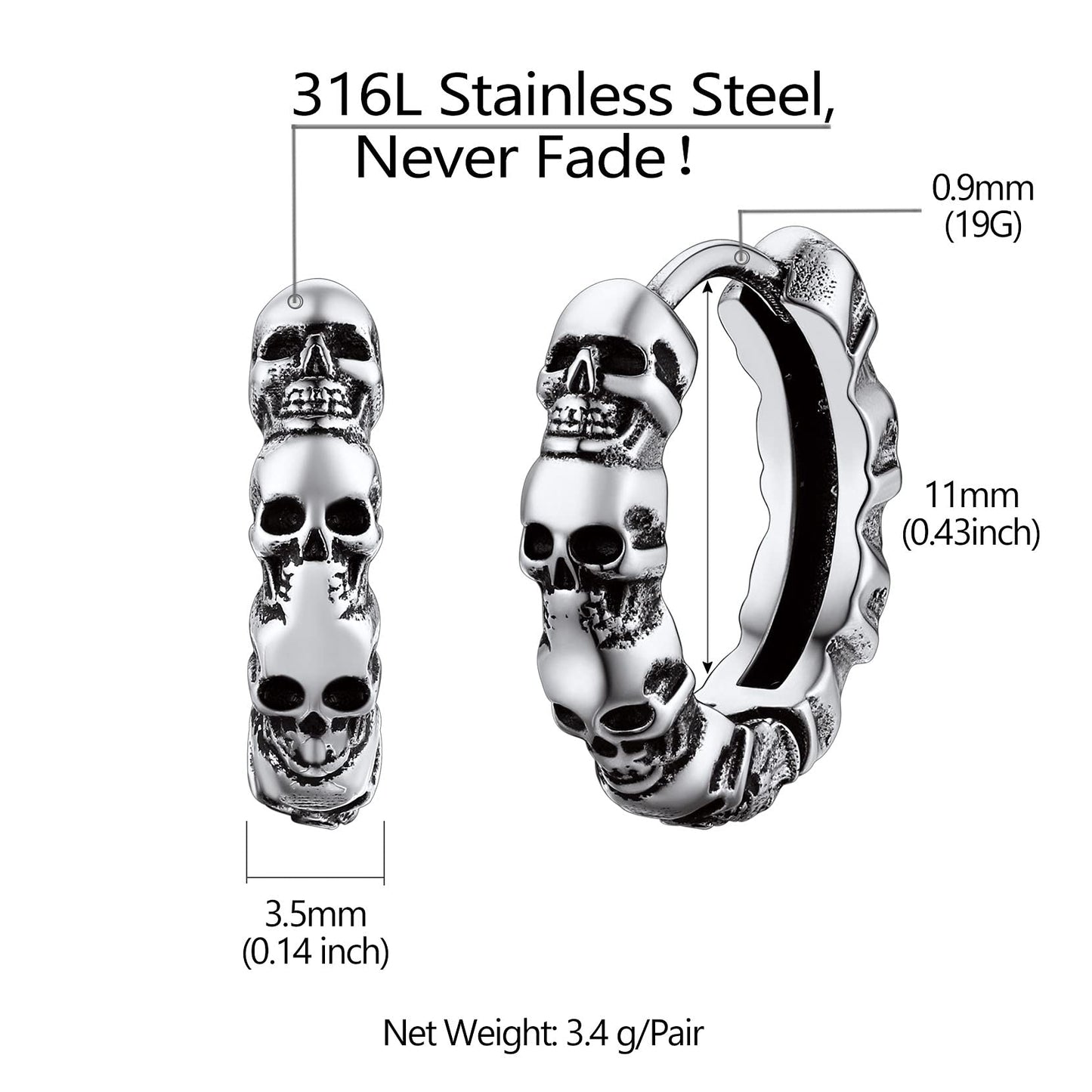 Richsteel 316L Stainless Steel Skull Earrings - Gothic Huggie Hoops for Men & Women, Dark Jewelry Statement Earrings