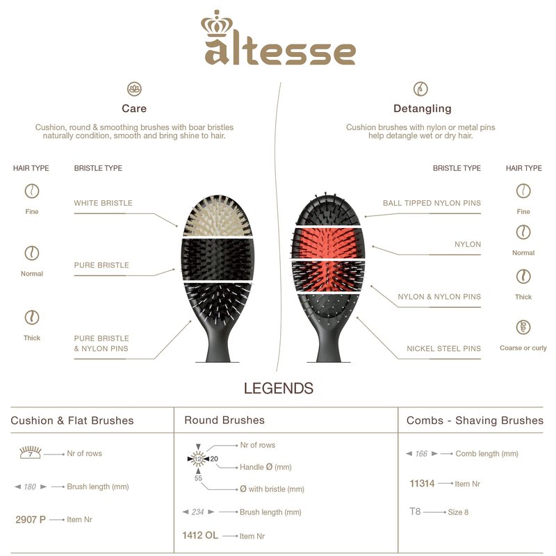 Altesse 8907 Natural Bristle Hair Brush Detangler Brush Medium Air Cushion Matte Black Handle with 7 Rows of Black Boar Bristle and Nylon Hairbrush for Thick Hair Styling and Detangling Made in France