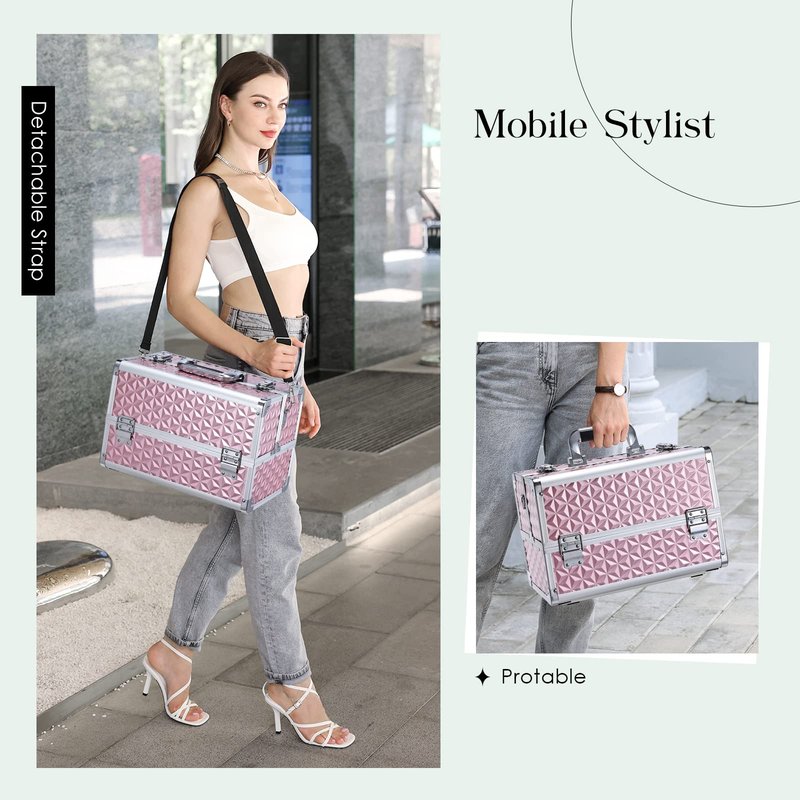 Joligrace Makeup Train Case Professional Cosmetic Organizer Aluminum Storage Box with 4 Adjustable Dividers Trays Lockable Portablewith Shoulder Strap - Neutral Pink