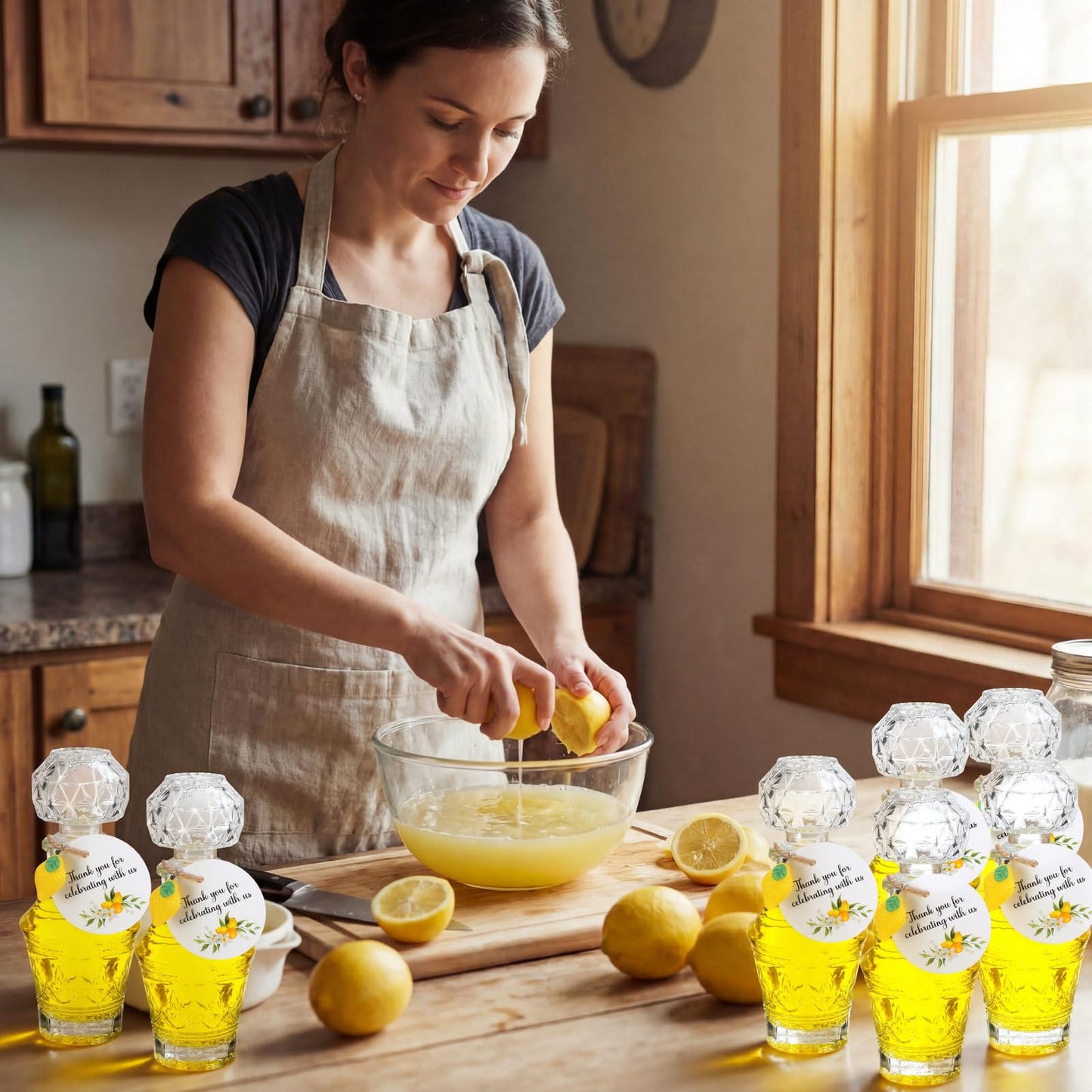 Chuangdi 16 Sets Mini Limoncello Glass Bottles Limoncello Bottles with Labels 1.7 oz Lemon Pendants Lemon Party Favors for Homemade Brewing Wedding Baby Shower Gifts(Retro)