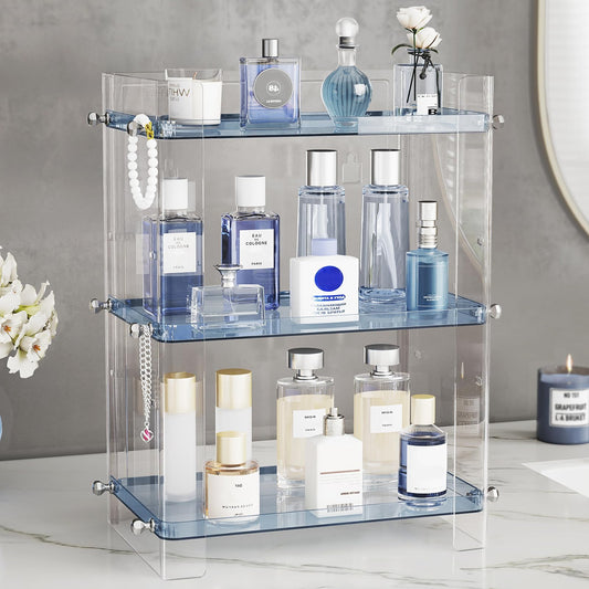 Delamu Bathroom Countertop Organizer, 3 Tier Adjustable Corner Makeup & Skincare Organizer with Protective Guard Rail, Transparent Design for Vanity, Bathroom Counter, Ideal for Girls