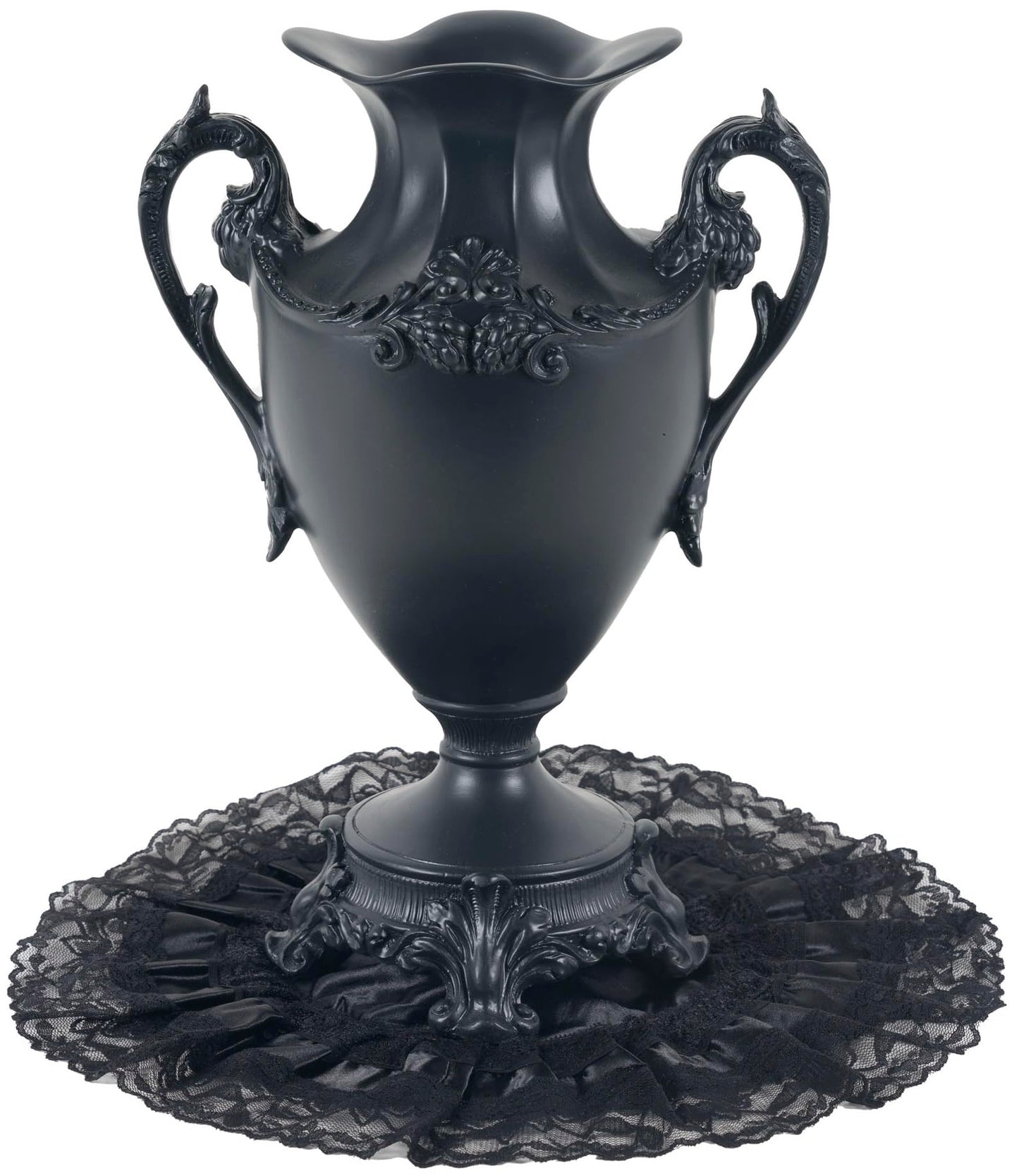 DARK GOTVIC Gothic Victorian Resin Vase with Lace Doily – Waterproof 14" Black Vase for Fresh and Artificial Flowers – Goth Home Decor, Gift, Black Wedding or Halloween Table Centerpiece