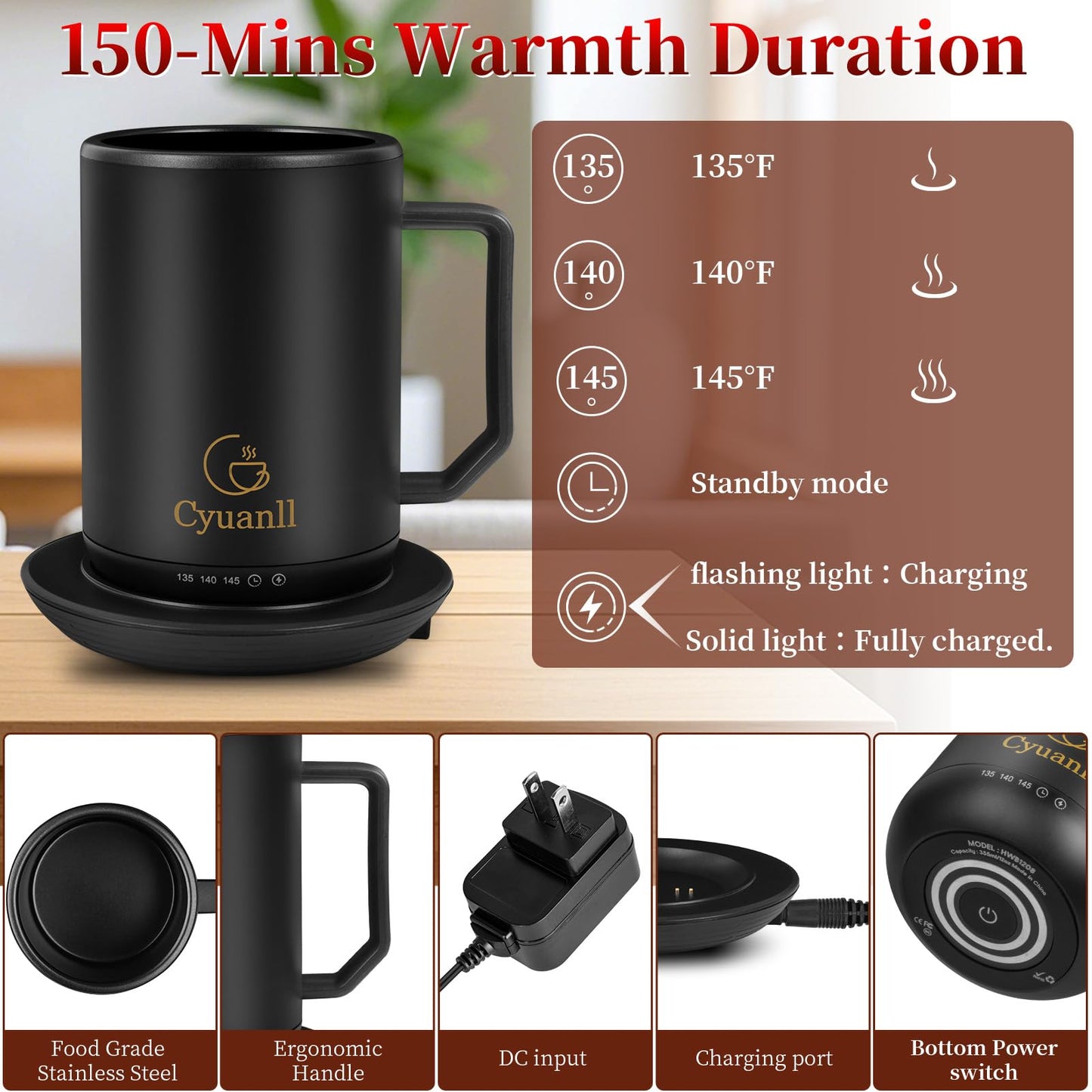 Upgraded Heated Coffee Mug with Auto Shut-Off Function,Self-Heating Temperature Control Mug with Lid and Spoon,Smart Mugs Warmer for Coffee,3 Temperature Settings,Gifts for Men and Women(Black-12 oz)