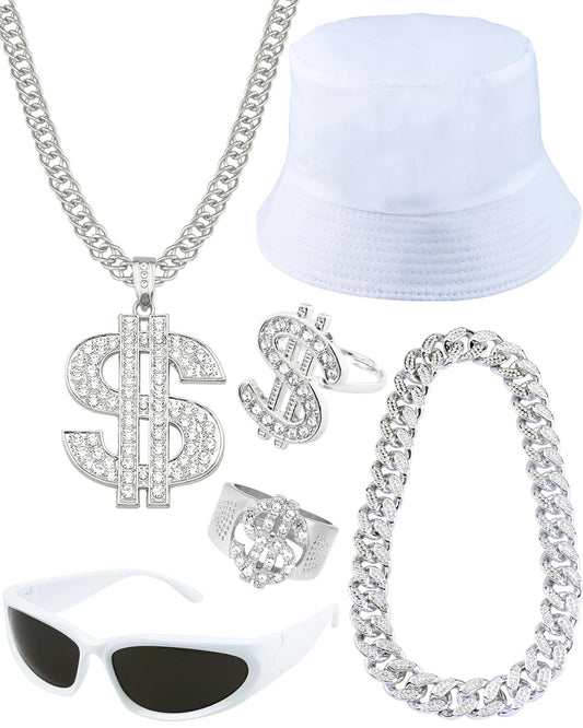 6Pack 90s 80s Hip Hop Costumes Kit for Men 2000s Y2K Sunglasses Rings Hat Rapper Outfit Accessories for Themed Party
