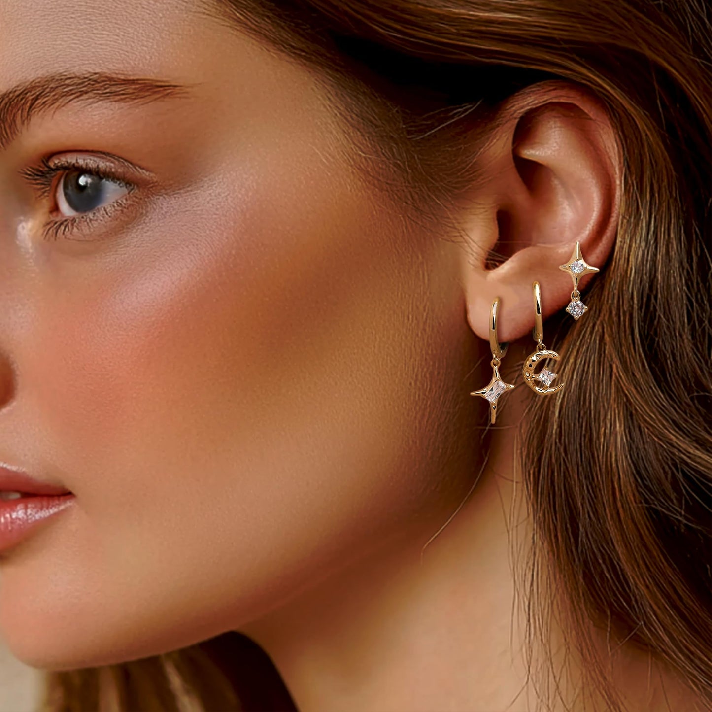 Frigotine 3PCS Gold Heart Hoop Stud Earrings Stack Set for Women, Dainty Rhinestone Star Moon Planet Chain Love Multiple Piercing Cartilage Prom Fashion Jewelry Gift