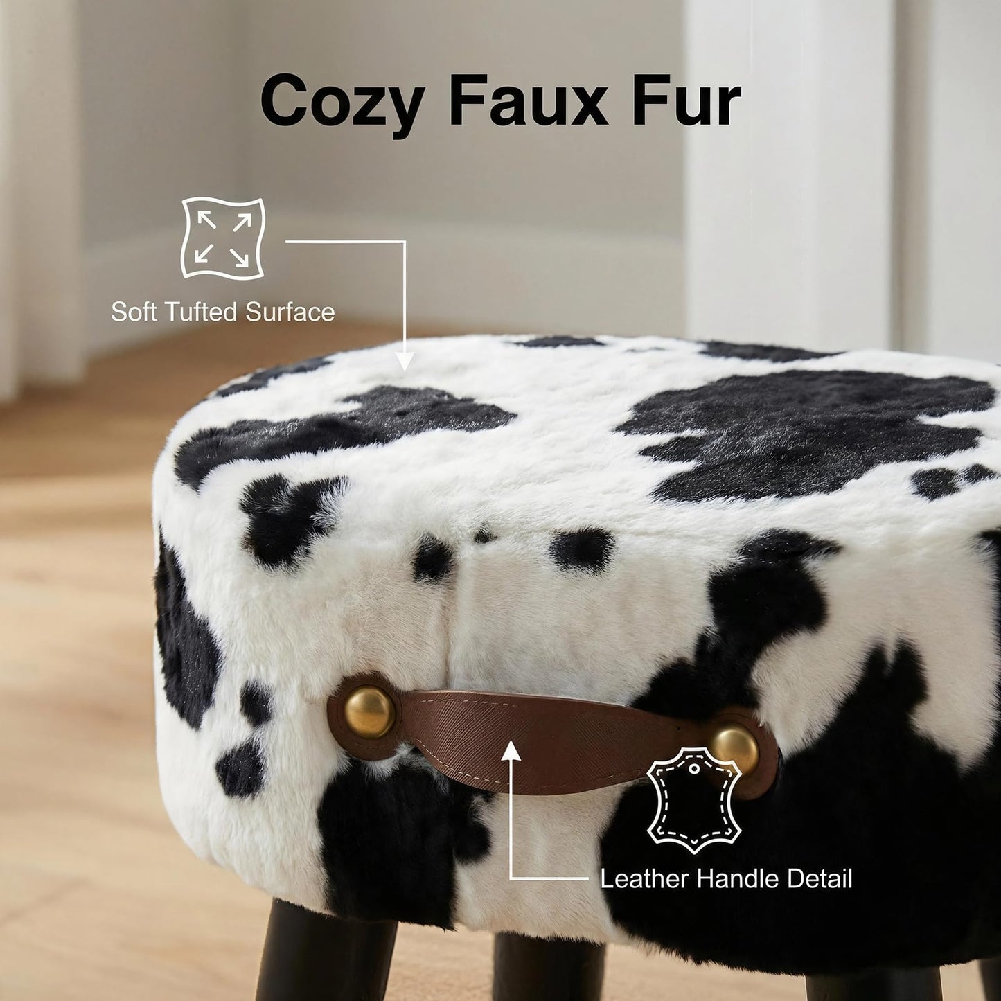 Leesingdo Small Footstool with Handle, Faux Fur Ottoman Foot Rest with Padded Seat, Curved Foot Stool with Wooden Legs, Portable Foot Rest for Living Room, Bedroom, Entryway, Cow
