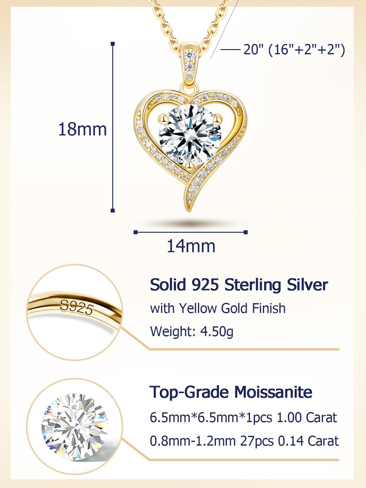 CYW 1 Carat Moissanite Heart Imitation Diamond Pendant Sparkle Gold Necklace for Women Wife 925 Sterling Silver
