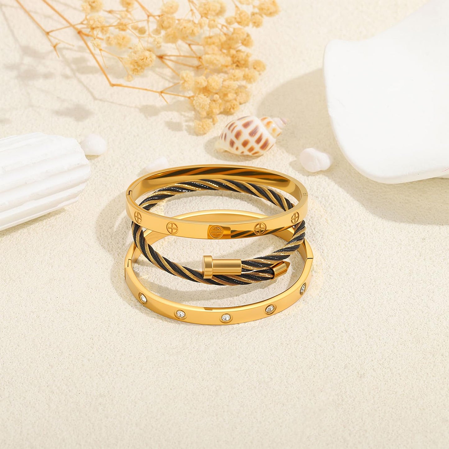 Camhanno Gold Bracelets for Women - Stackable Bangles with Friendship & Love Theme - Stainless Steel Jewelry Gift for Her (Style 10)