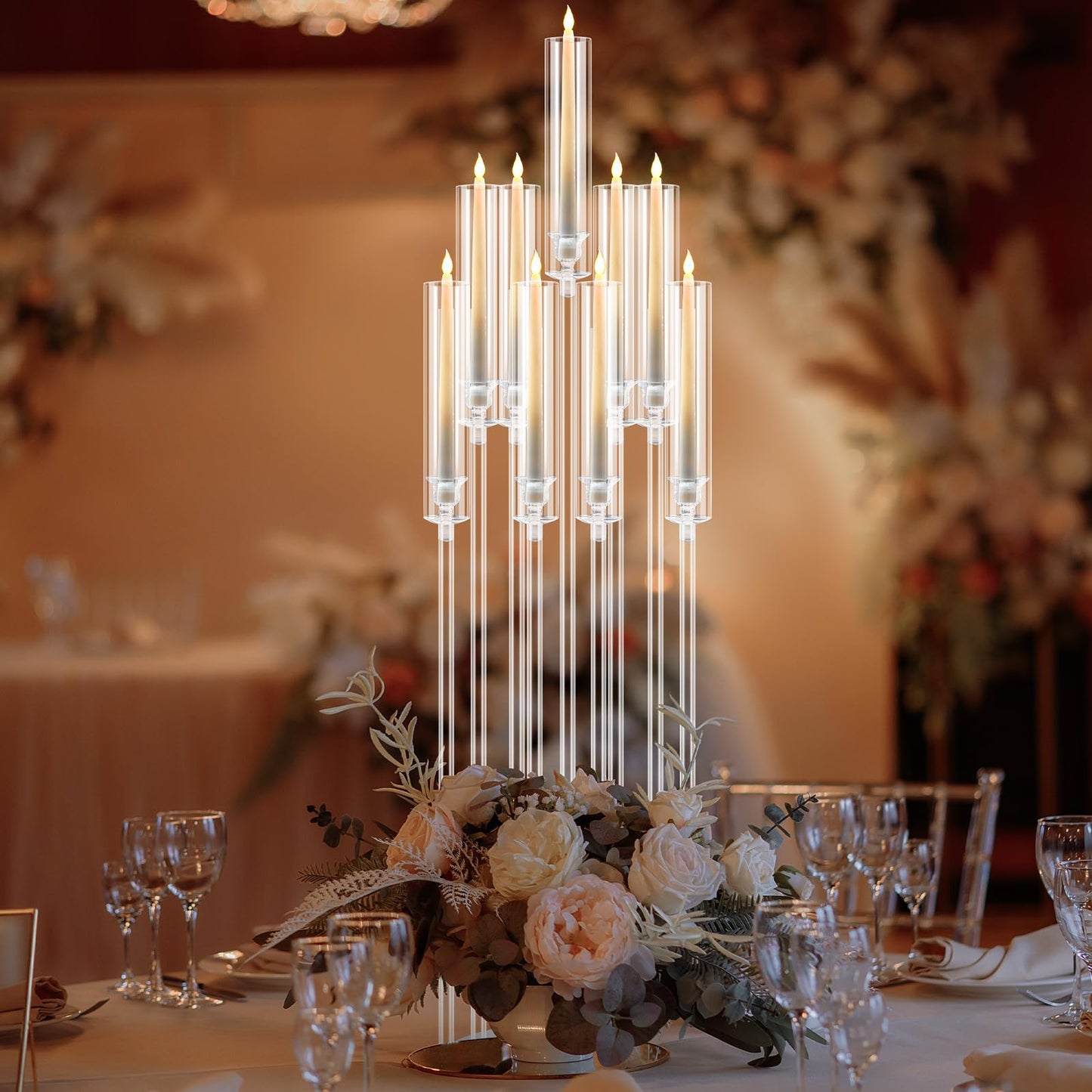 Tessco 4 Pcs 9 Arm 42.5" Acrylic Candelabra Table Centerpiece Floor Candelabras Clear Candle Holder with Removable Lampshade Wedding Candelabra Centerpiece Fit 0.8 LED"