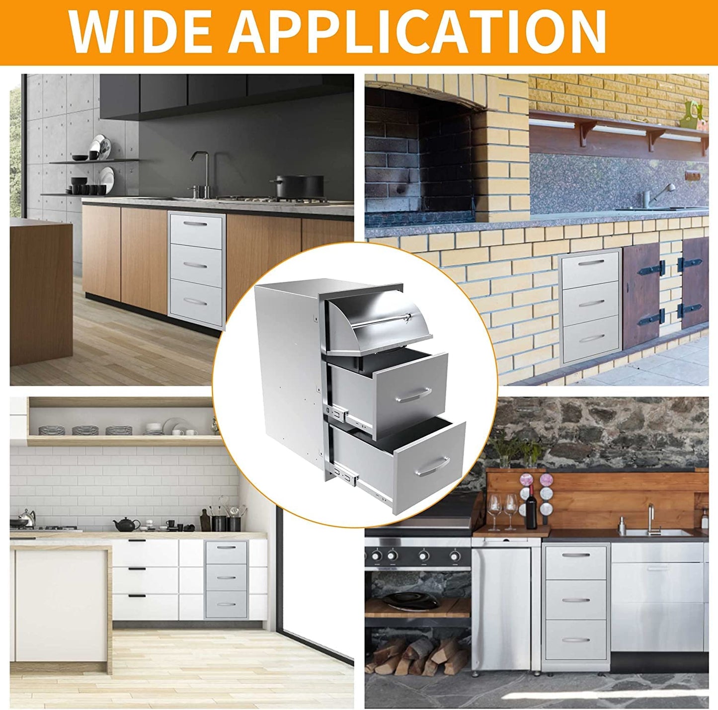 Outdoor Kitchen Triple Drawers 17" W x 30" H x 21" D Built-in BBQ Drawer with Paper Towel Holder Combo Stainless Steel Access Drawers for Outdoor Kitchen Island or Grill Station