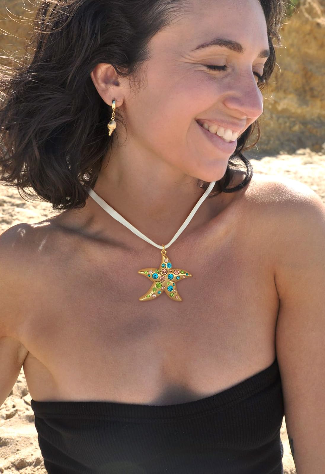 WOWORAMA Starfish Necklace for Women Colorful Rhinestone Starfish Pendant Necklace with Beige Rope Sea Shell Star Choker Necklaces Summer Beach Trendy Necklaces