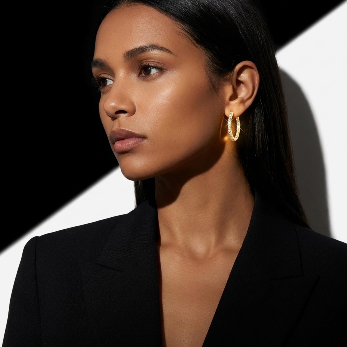 Suiune 14K Yellow Gold Hoop Earrings for Women, Hypoallergenic Dual-Sided Cubic Zirconia Hinged Hoops Jewelry for Woman, 2mm x 15mm