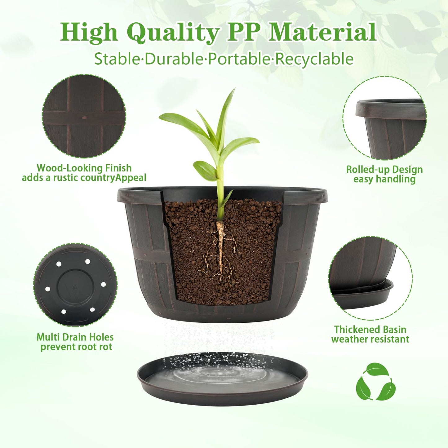 Quarut 14 Inch Plastic-Flower-Pot-for-Indoor-Plants, 4 Pack Large Outdoor Planter Pot with Drainage Holes & Saucers, Resin Decorative Garden Pots Planters（Brown）
