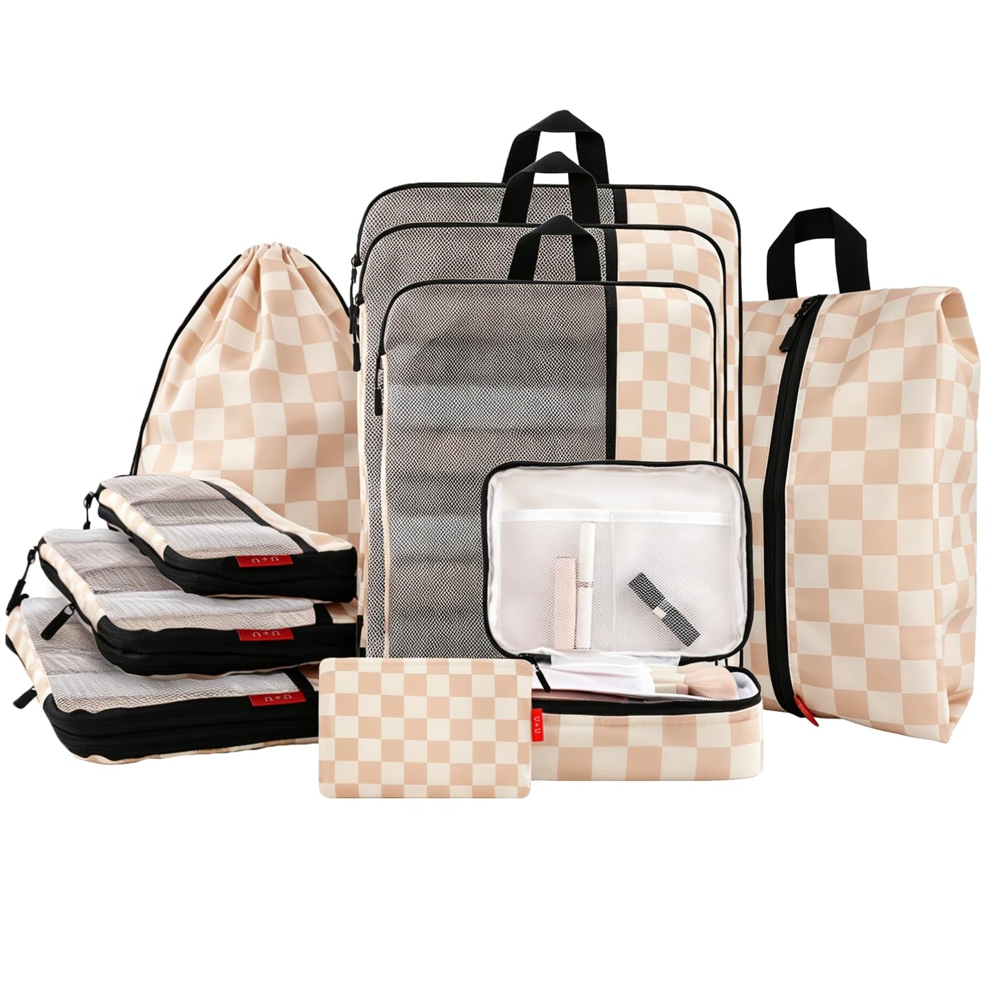 U+U 10 Set Compression Packing Cubes - Ultralight Travel Organizers with Laundry Bag and Cosmetic Bag, Space-Saving Suitcase Organizer for Travel, Business Trip and Family Vacation (Khaki Checkered)