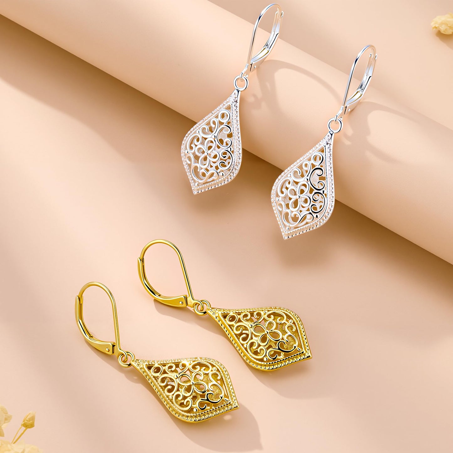 14K Gold Dangle Earrings for Women, Filigree Dangling Leverback Earrings, Gold Waterdrop Hypoallergenic Dangly Drop Earings for Women Trendy Jewelry Gifts