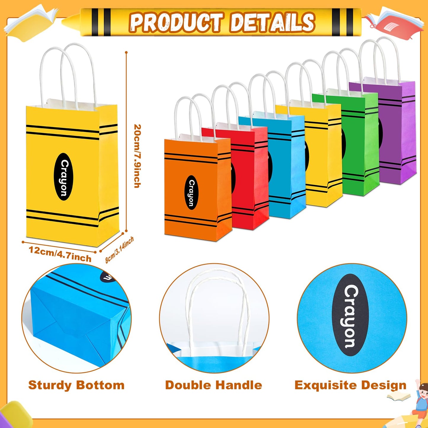 24Pcs Welcome Back to School Crayon Gift Bags for Teacher First Day of School Candy Boxes with Handle Crayon Shaped Goodie Bag for Kindergarten Graduation Birthday Baby Shower Party Supplies