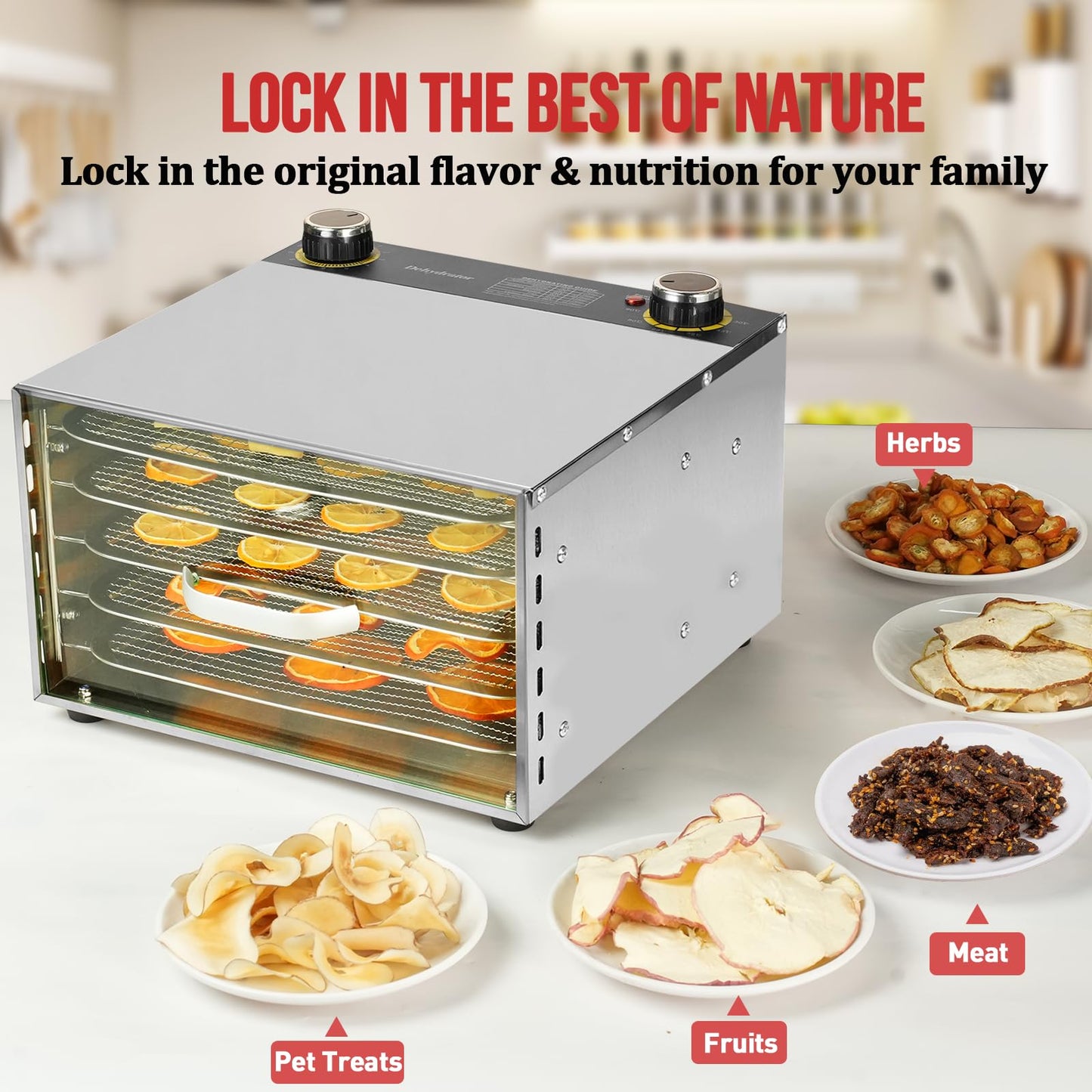 Food Dehydrator - 5 Stainless Steel Trays Dryer Machine with 194℉ Temperature Control & Adjustable Timer, 400W Meat Dehydrator for Jerky, Fruit, Veggies, Dog Treats, 50 Recipes Book Included