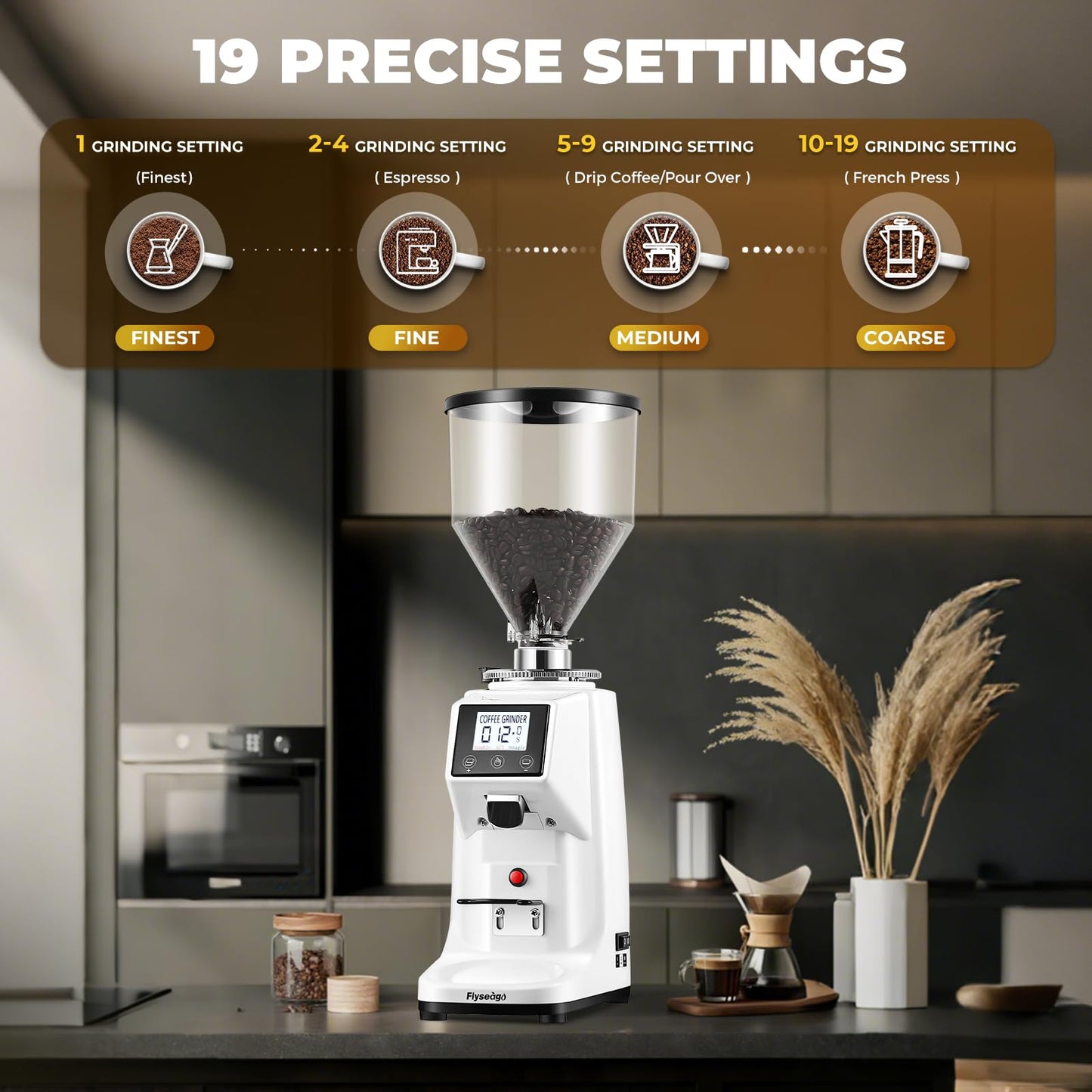 Flyseago Commercial Coffee Grinder Electric Flat Burr Coffee Bean Grinder with 19 Settings Touch Screen Espresso Machine with Large 35oz Hopper, White