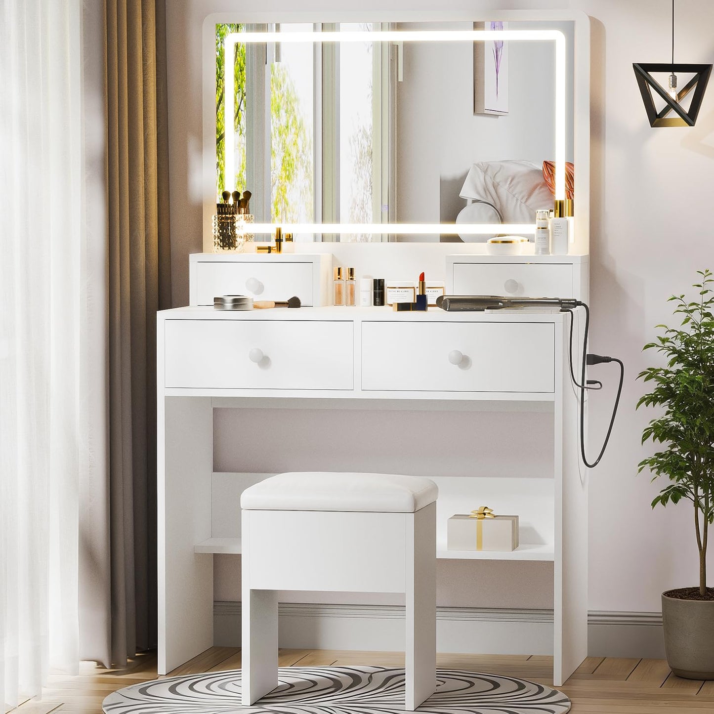 Haewon White Vanity Desk with Mirror and Power Outlet, Makeup Vanity with Adjustable Brightness and 3 Lighting Modes, Dressing Table Set with 4 Drawers, Storage Chair for Bedroom