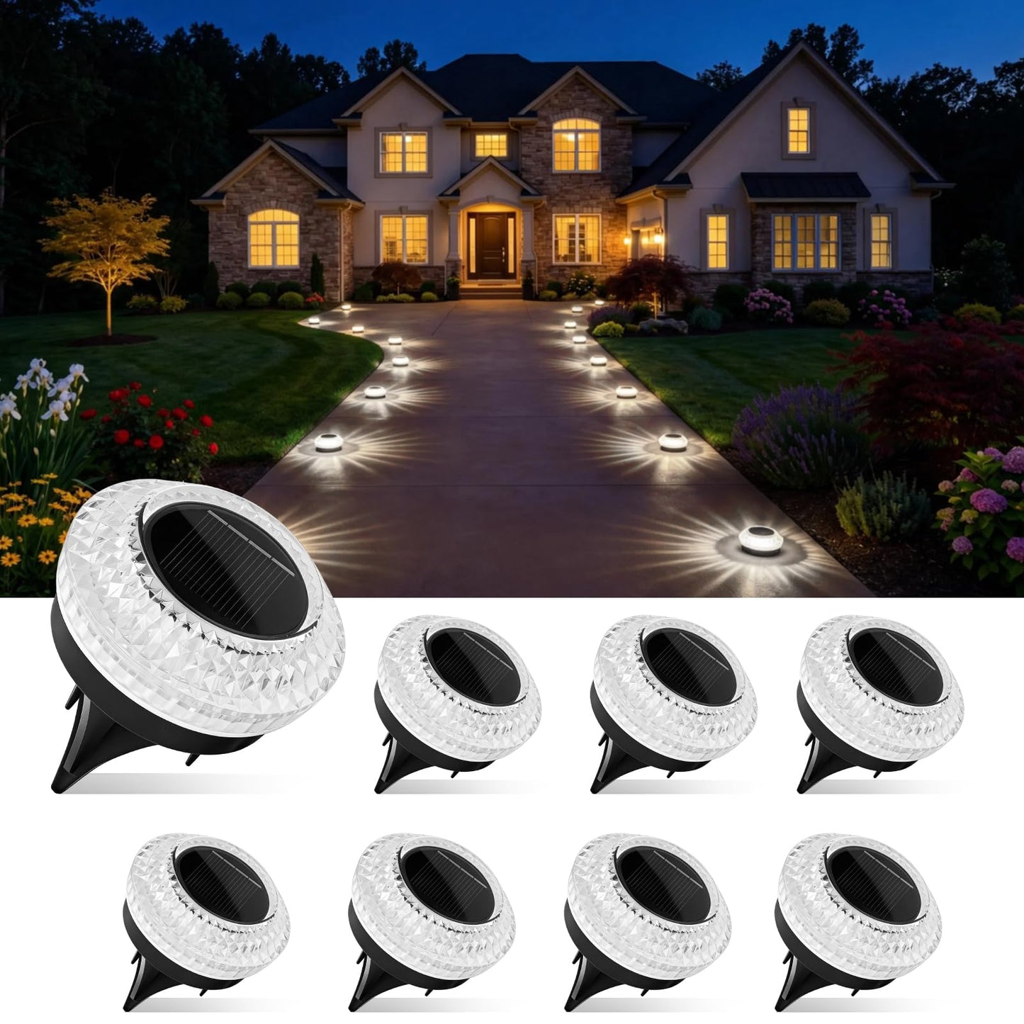 Gahomlumy Solar Ground Lights Outdoor, 8 Pack Solar Powered Pathway Lights IP67 Waterproof Anti Glare Diamond Solar Garden Lights Landscape Lighting for Patio Yard Deck Walkway, Cold White