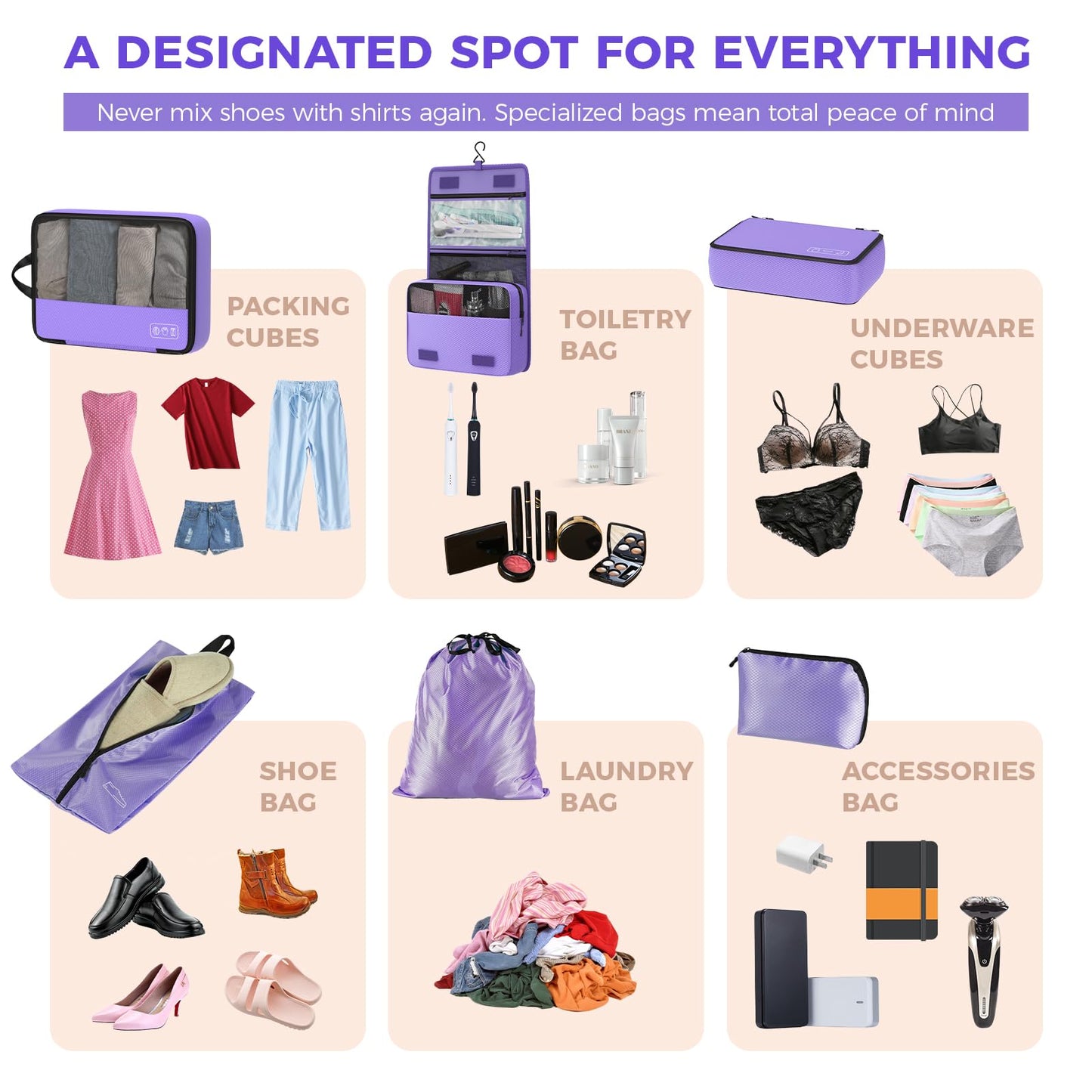 8-Piece Compression Packing Cubes for Travel, Elegant Ultralight Luggage Organizer Set for Women, Space Saving for Carry-On, Suitcase & Vacation Cruise Travel - Purple