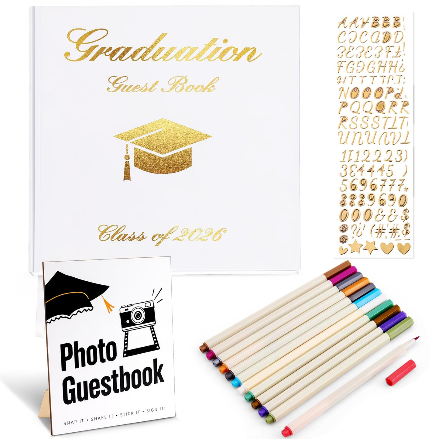 LawnIdyll 2026 Graduation Guest Book with Photo Sign Metallic Pens Stickers 144 Pages Class of 2026 Scrapbook Album Gift Memory Book for High School College Graduation Party Supplies (White)