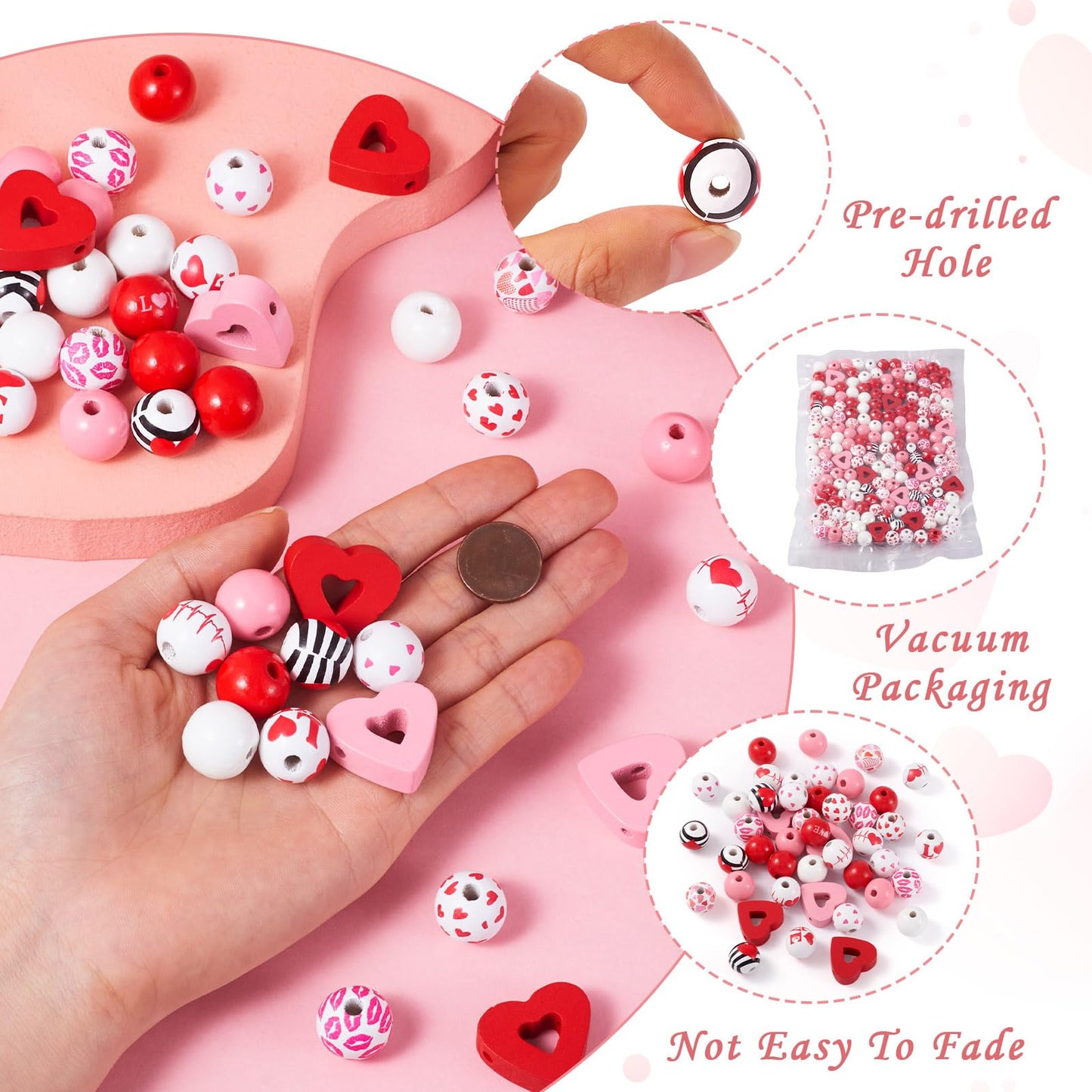Beadthoven 180pcs Heart Wooden Beads 16 mm Round Wooden Craft Beads DIY Valentine’s Day Beads Natural Loose Spacers Handmade Red Pink Tassel Garland Beads for DIY Crafts Party Jewelry Making Supplies