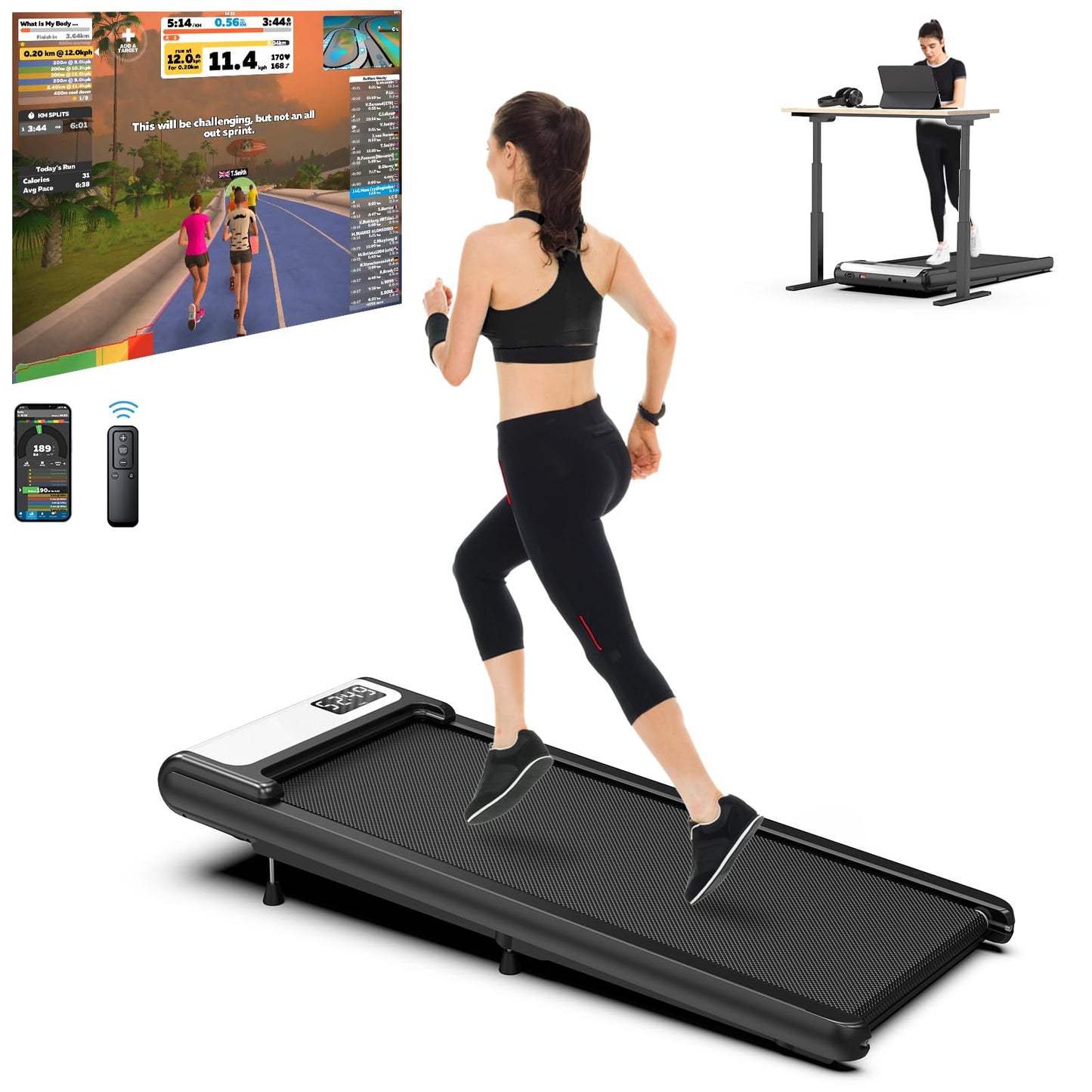 COZYINN Under Desk Walking Pad Treadmill with 10% Incline, Quiet Portable Walking Pad for Home Office Small Space, 265LB Capacity Walking Pads Voice Remote Control Smart Treadmill Works with KINOMAP
