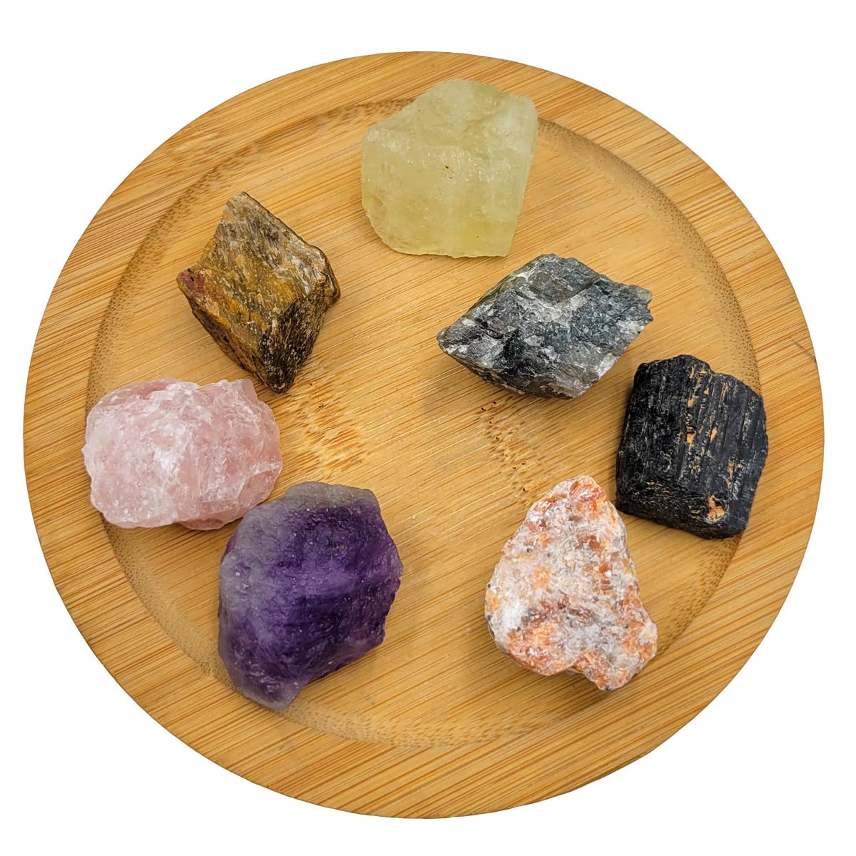 7Pcs Energy Crystals for Good Fortune Natural Raw Crystals Set of Black Tourmaline,Amethyst,Labradorite,Rose Quartz,Citrine,Sunstone,Tiger's Eye (Crystals for Good Fortune)