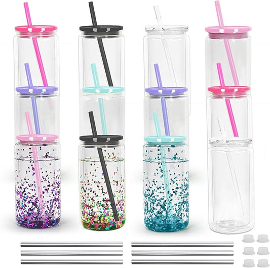 16 oz Acrylic Snow Globe Cups Snow Globe Tumbler Double Wall Snowglobe Tumbler with Pre Drilled Hole Clear Plastic Cups with Colorful Lids and Straws for Iced Coffee Boba Juice Soda 12 Pack