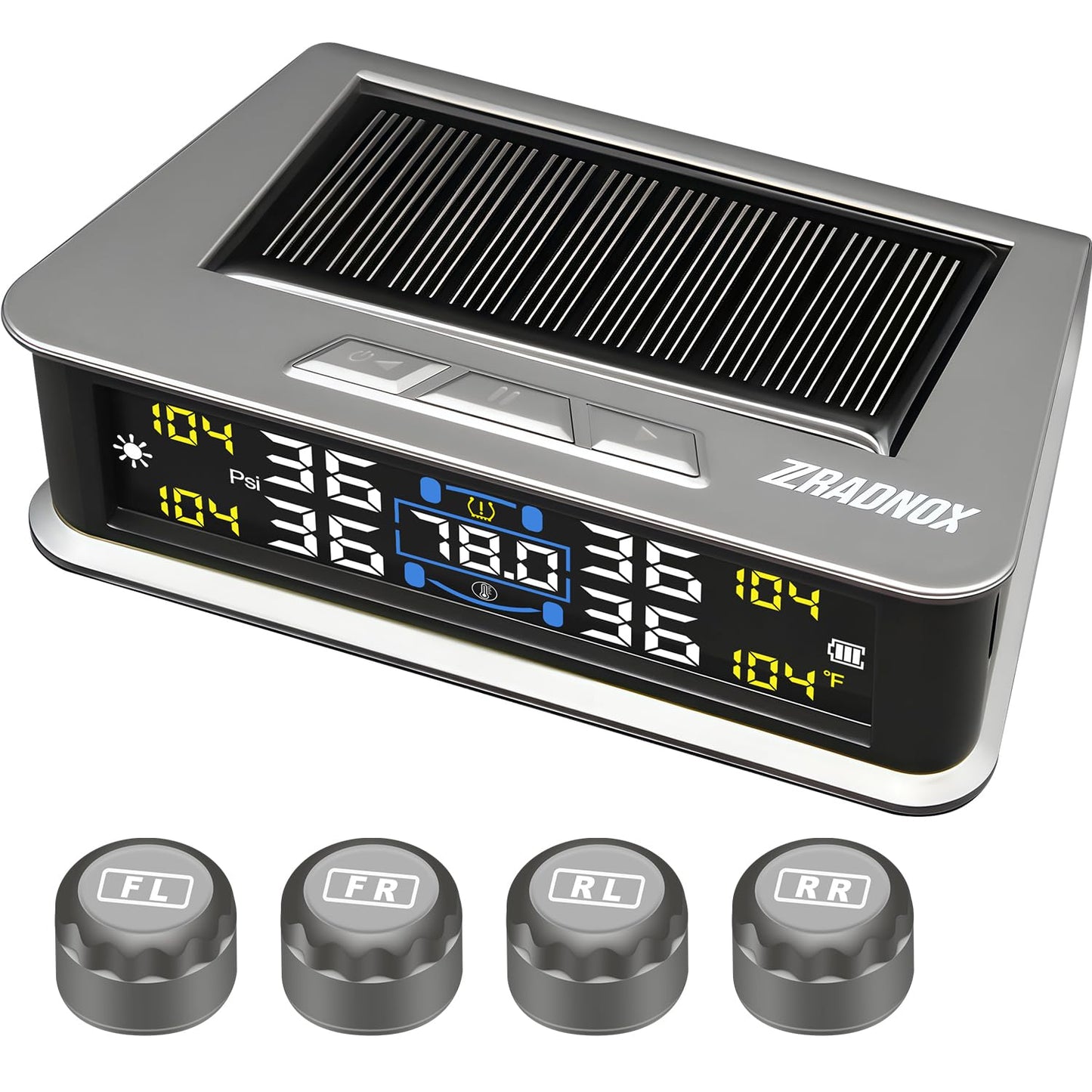 Zradnox Tire Pressure Monitoring System - TPMS with Solar & USB Charger, Tire Pressure Monitor System with 4 External sensors & 6 Alarm Modes, LCD Real-time Display, Auto on/Off Mode, Easy to Install