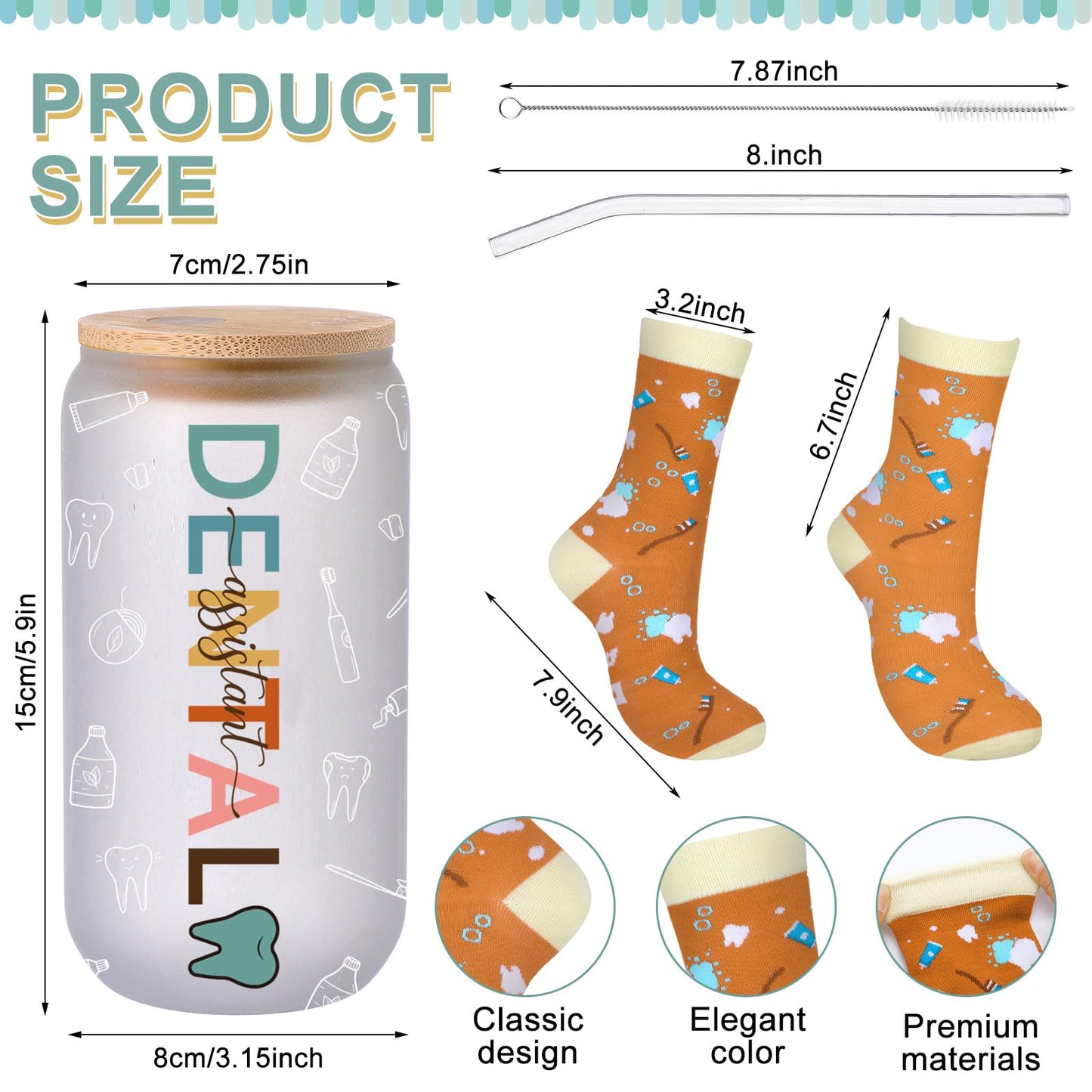 Dingion 5 Pcs Dental Assistant Gifts Set for Women Include 16 oz Glass Cup Tote Bag Cosmetic Bag Badge Holder Socks Appreciation Gifts for Dentist Dental Assistant Hygienist Accessories