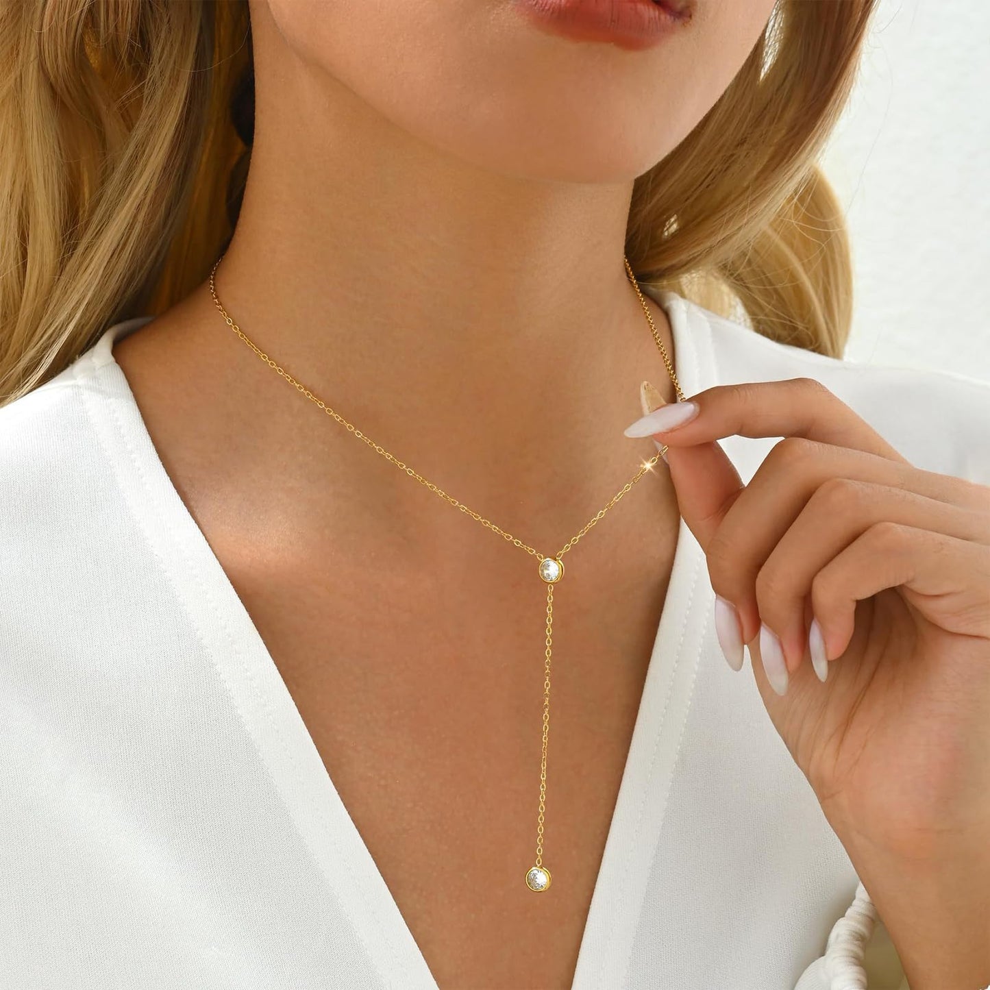 Zeffy Long Gold Necklace for Women- Dainty 14K Gold Plated Teardrop Drop Lariat Necklace Trendy Simple CZ Y-Shaped Body Chain Stack Wedding Prom Dangle Statement Necklace Jewelry Gifts