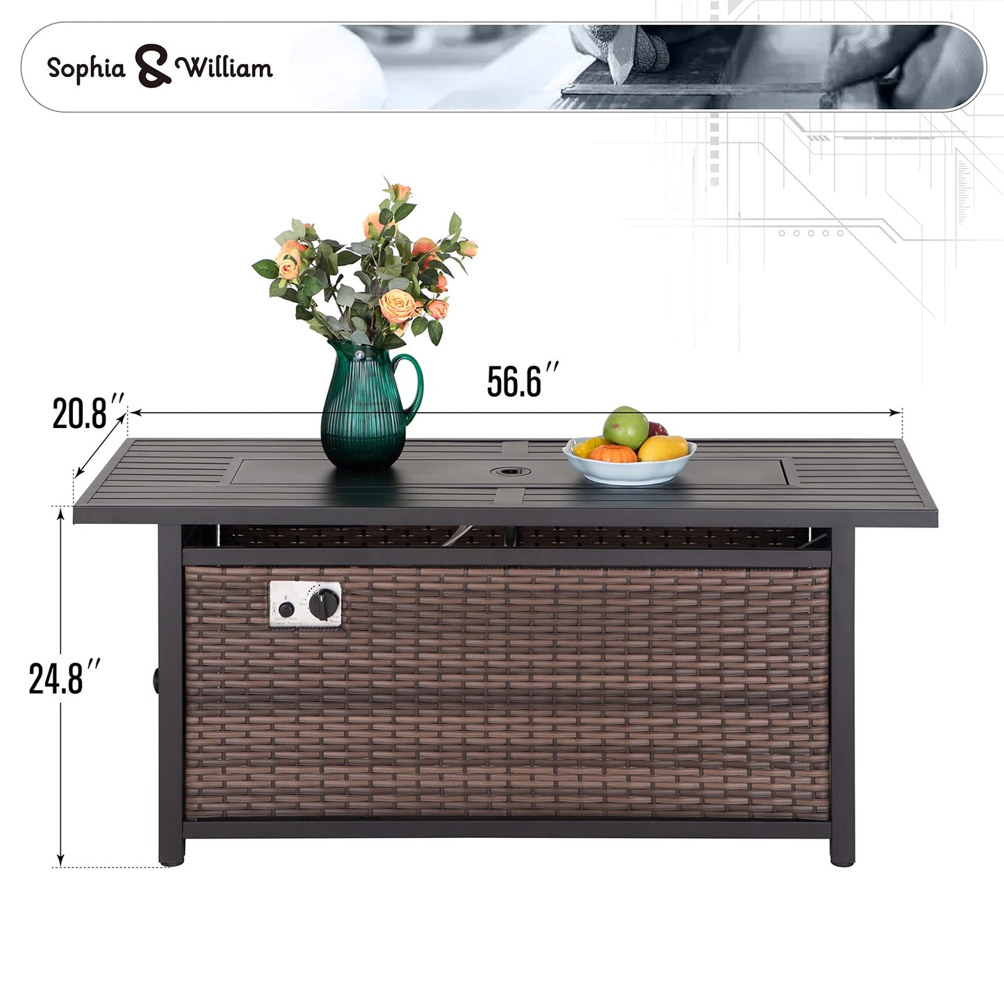 Sophia & William 56 Inch Gas Fire Pit Table Outdoor Rattan Propane Fire Table & Fireplace with Fire Glass, Lid, 50,000 BTU Firepits for Outside Patio