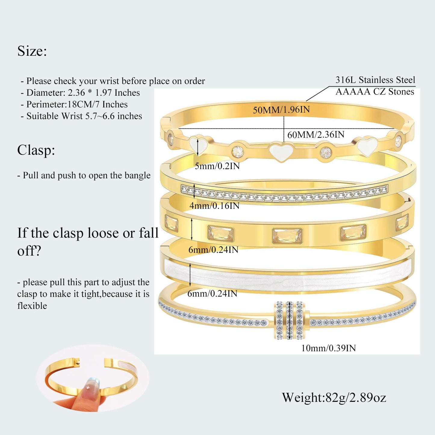 Camhanno 18K Gold Plated Stainless Steel 5-Piece Gold Bangle Bracelet Set for Women - Pink Crystal Friendship & Love Heart Design, Stackable Bangles Jewelry - Ideal Birthday Gift for Women (White)