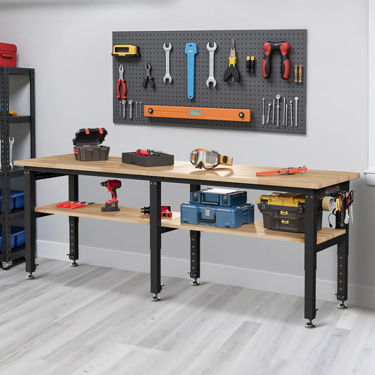 Albott 96" Adjustable 2-Tier Workbench with Solid Wood Top, Max 6000lbs Capacity, Built-in Power Strip with 4 AC Outlets & 2 USB Ports, Pegboard & 20 Hooks, Shop Garage Office