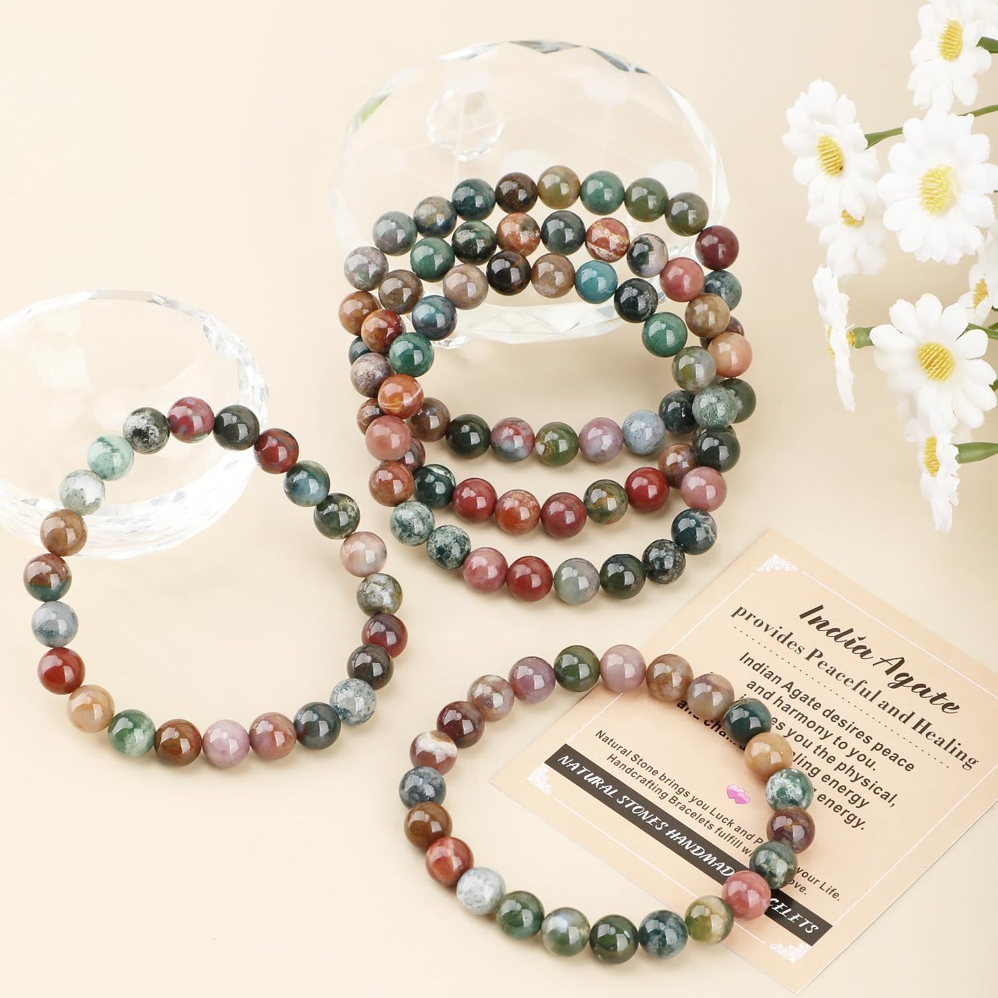 AD Beads Handmade Gemstone Stretch Elastic Bracelet Crystal Healing Reiki Nature's Beauty and Spiritual Essence Unisex (8mm, Indian Agate)